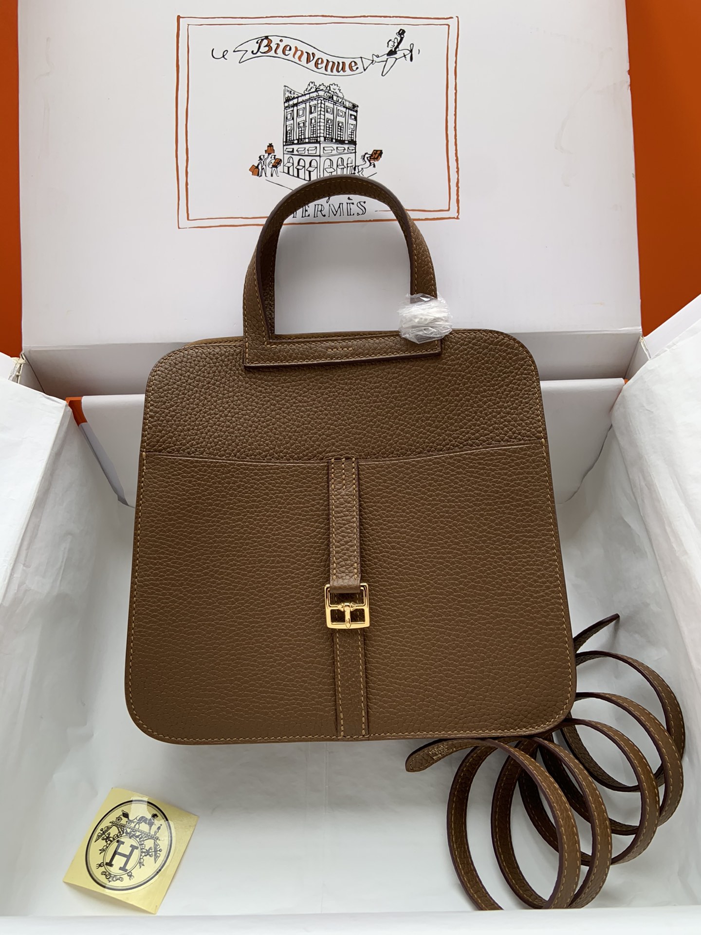 [TOP] HERMES  Clemence Leather Halzan Bag 25cm - Chestnut
