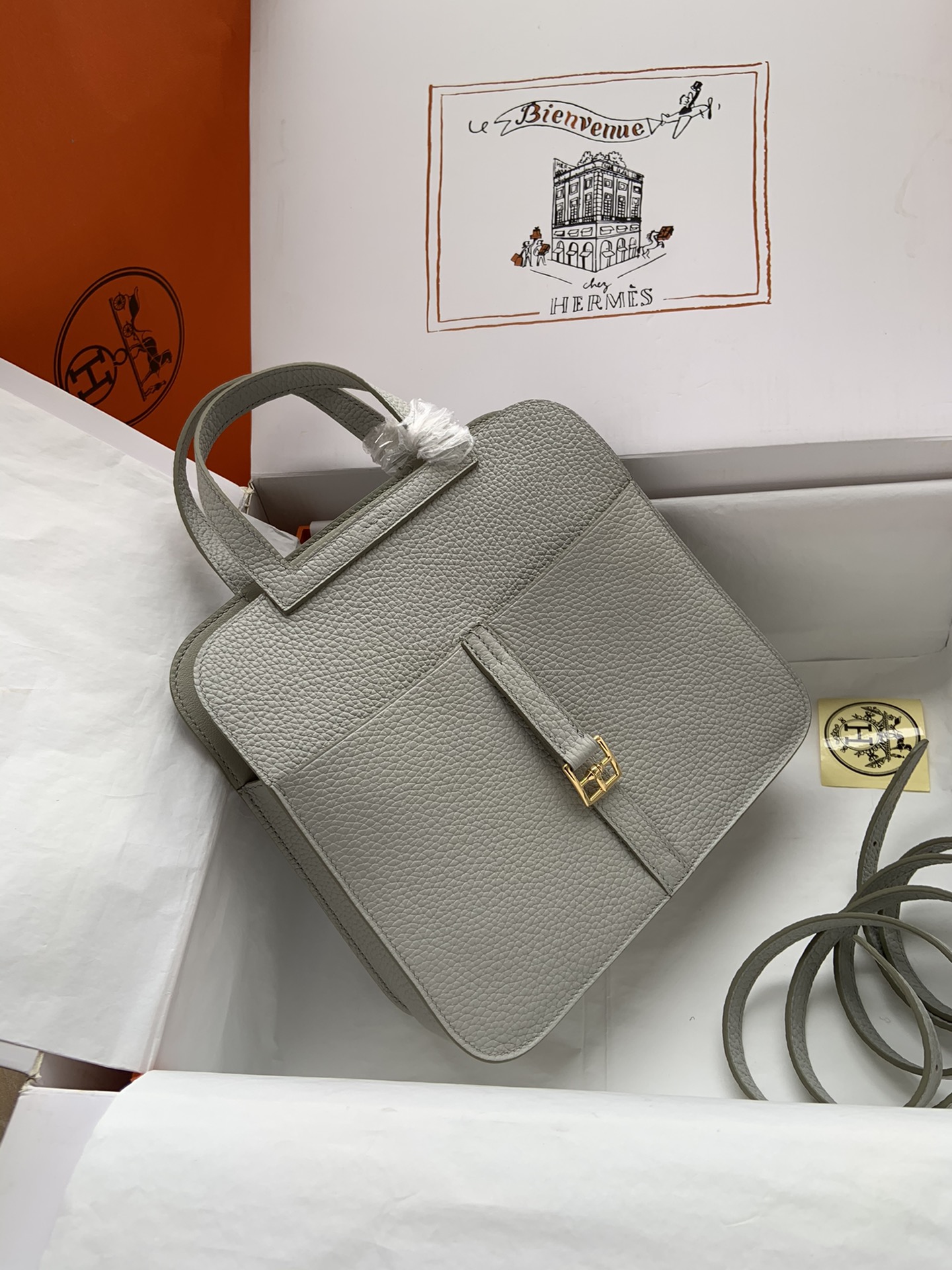 [TOP] HERMES  Clemence Leather Halzan Bag 25cm - Gray