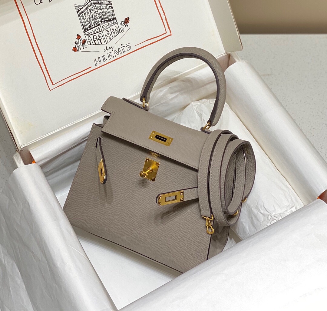 [TOP] HERMES Kelly Epsom Leather 20cm - Grey & GHW