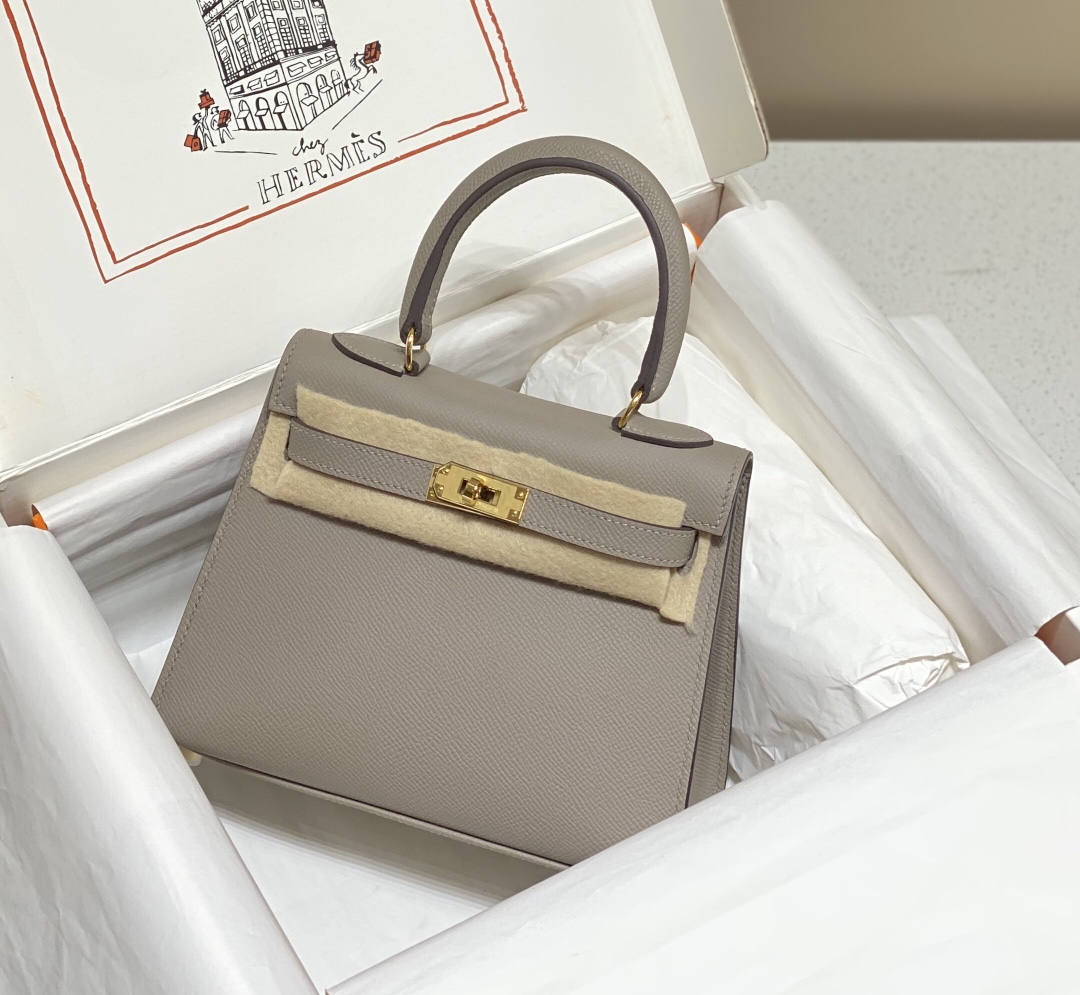 [TOP] HERMES Kelly Epsom Leather 20cm - Grey & GHW