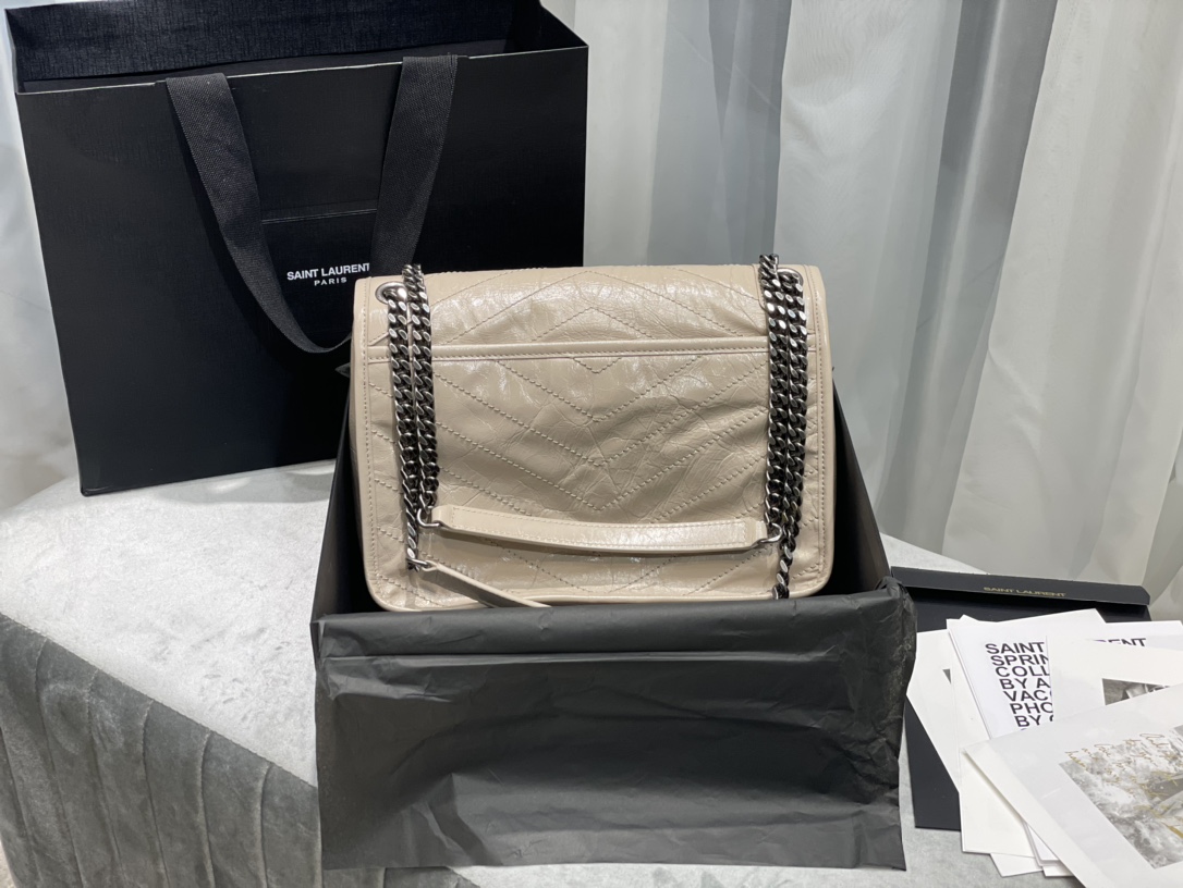 [Top] Yves Saint Laurent YSL Medium Niki Wrinkles Leather Bag - Khaki