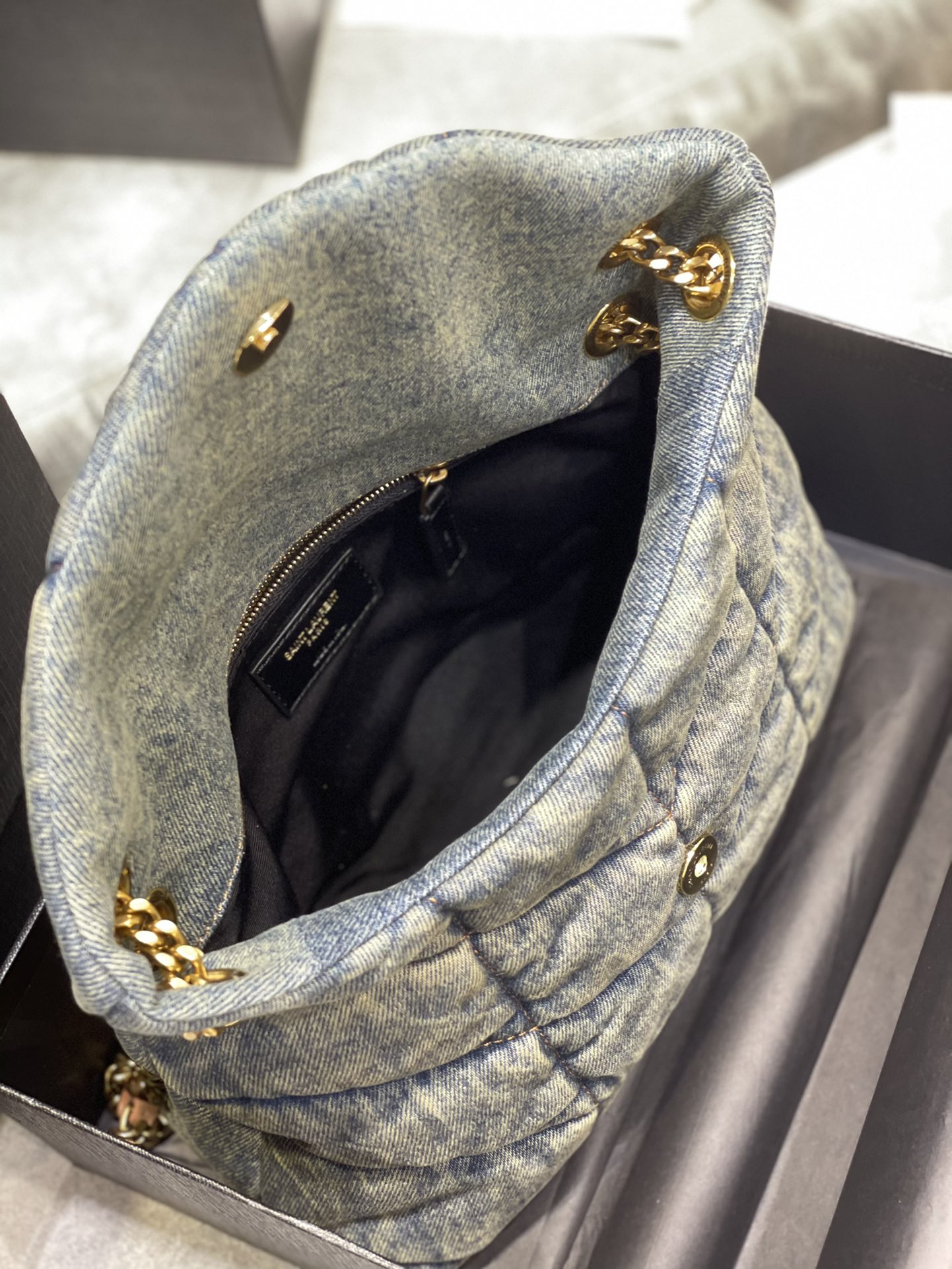 [TOP] Yves Saint Laurent YSL LouLou Bag 23/29/35cm - Denim Blue - Brown Shoulder Strap