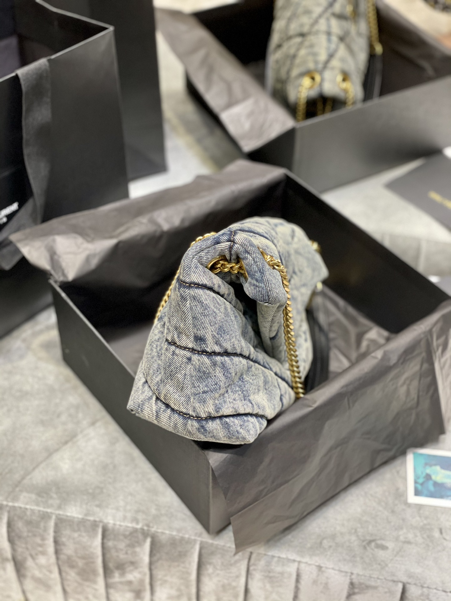 [TOP] Yves Saint Laurent YSL LouLou Bag 23/29cm - Denim Blue - Black Shoulder Strap