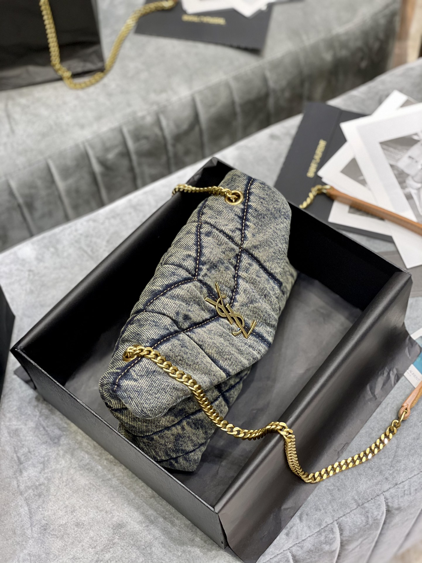 [TOP] Yves Saint Laurent YSL LouLou Bag 23/29/35cm - Denim Blue - Brown Shoulder Strap