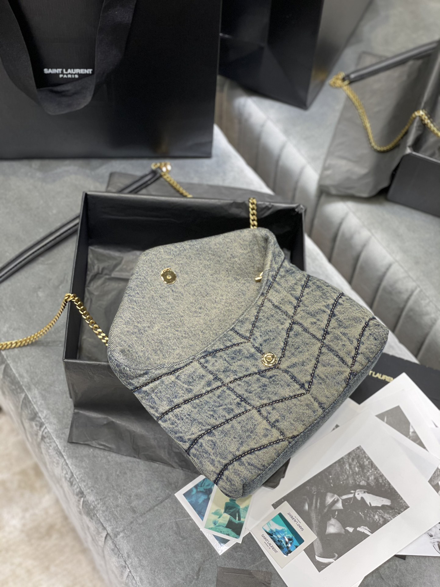 [TOP] Yves Saint Laurent YSL LouLou Bag 23/29cm - Denim Blue - Black Shoulder Strap