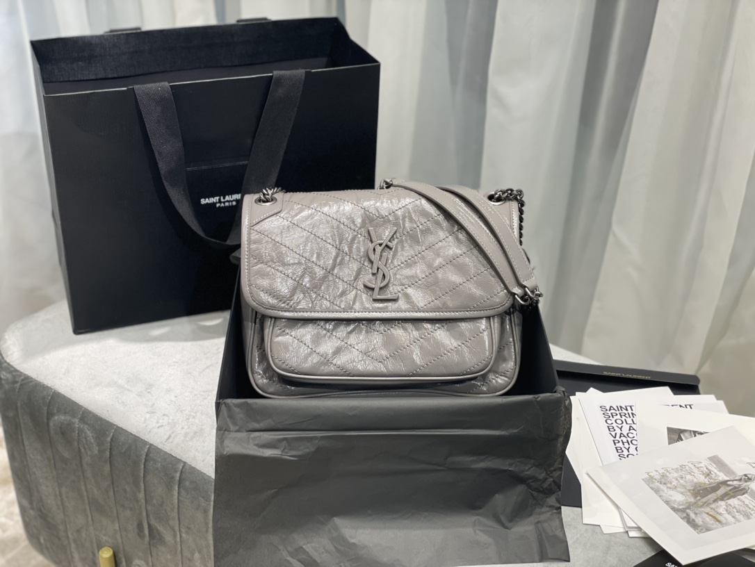 [Top] Yves Saint Laurent YSL Medium Niki Wrinkles Leather Bag - Elephant Gray