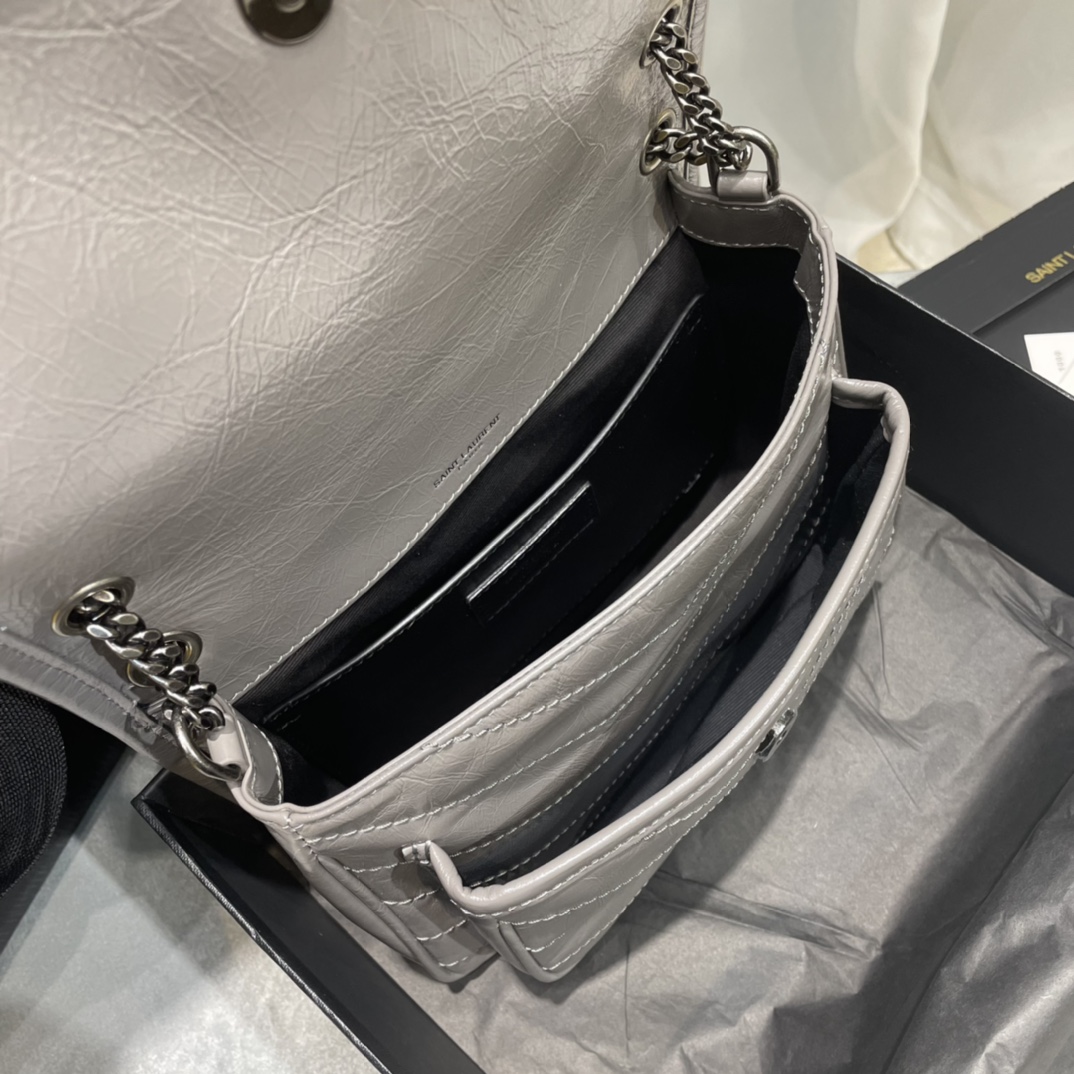 [Top] Yves Saint Laurent YSL Small Niki Wrinkles Leather Bag - Elephant Gray