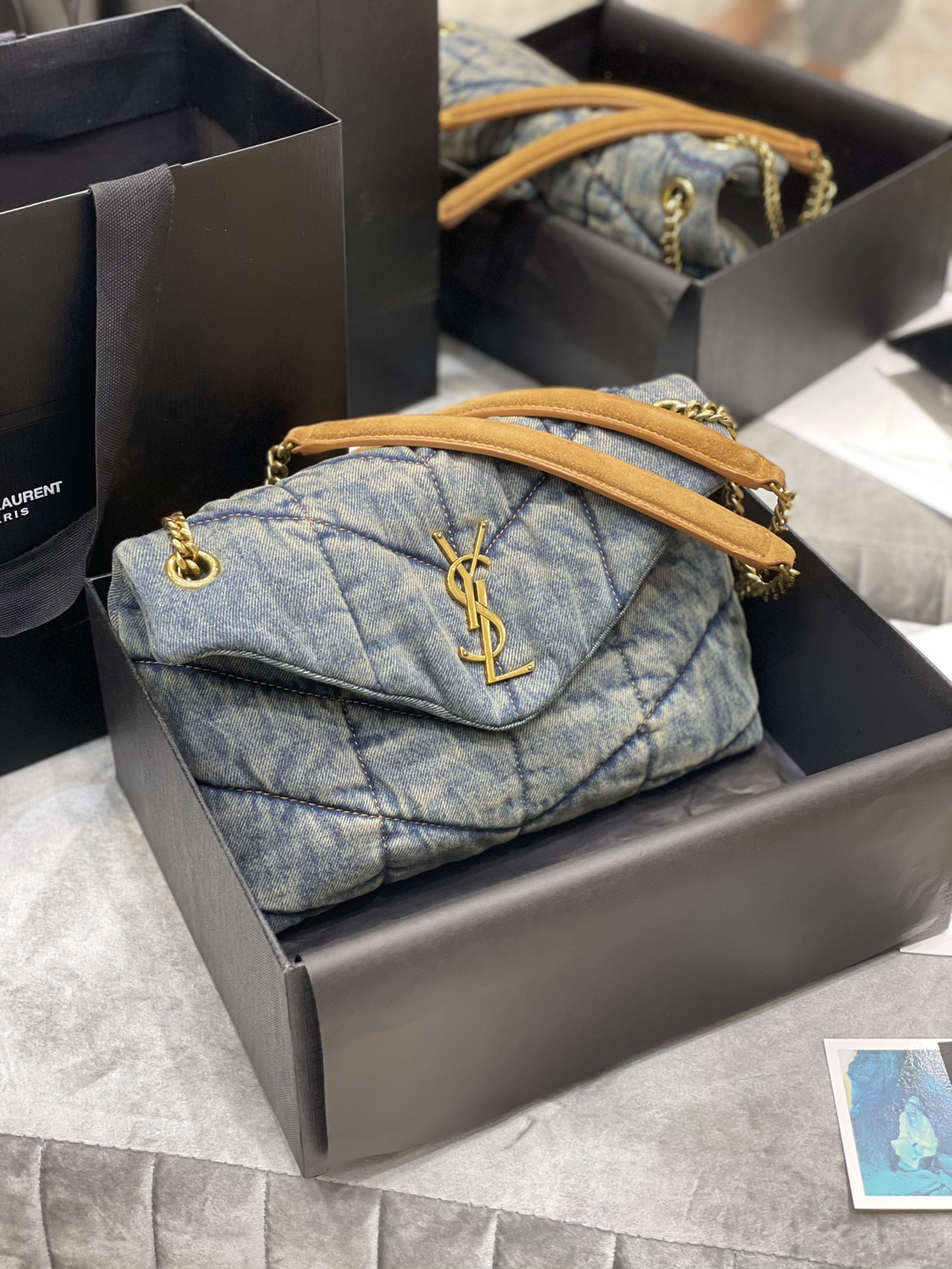 [TOP] Yves Saint Laurent YSL LouLou Bag 23/29/35cm - Denim Blue - Brown Shoulder Strap