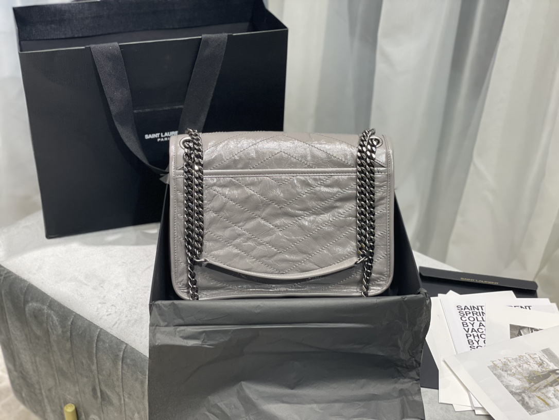 [Top] Yves Saint Laurent YSL Medium Niki Wrinkles Leather Bag - Elephant Gray