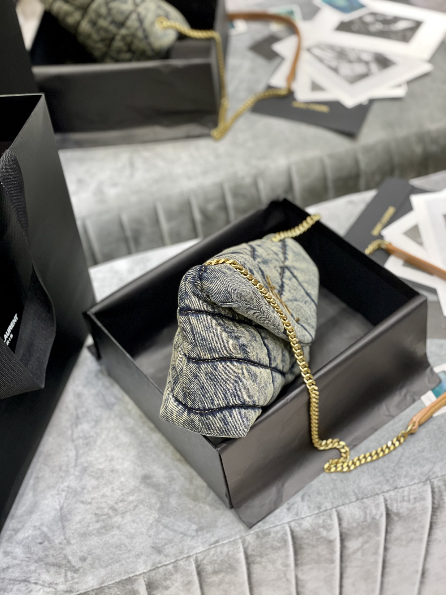 [TOP] Yves Saint Laurent YSL LouLou Bag 23/29/35cm - Denim Blue - Brown Shoulder Strap