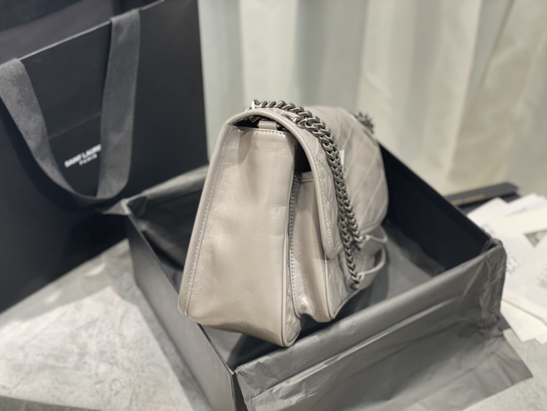 [Top] Yves Saint Laurent YSL Medium Niki Wrinkles Leather Bag - Elephant Gray