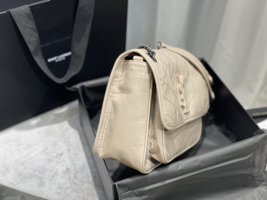 [Top] Yves Saint Laurent YSL Medium Niki Wrinkles Leather Bag - Khaki