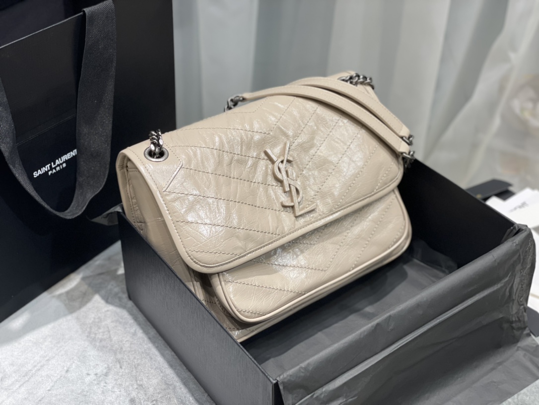 [Top] Yves Saint Laurent YSL Medium Niki Wrinkles Leather Bag - Khaki