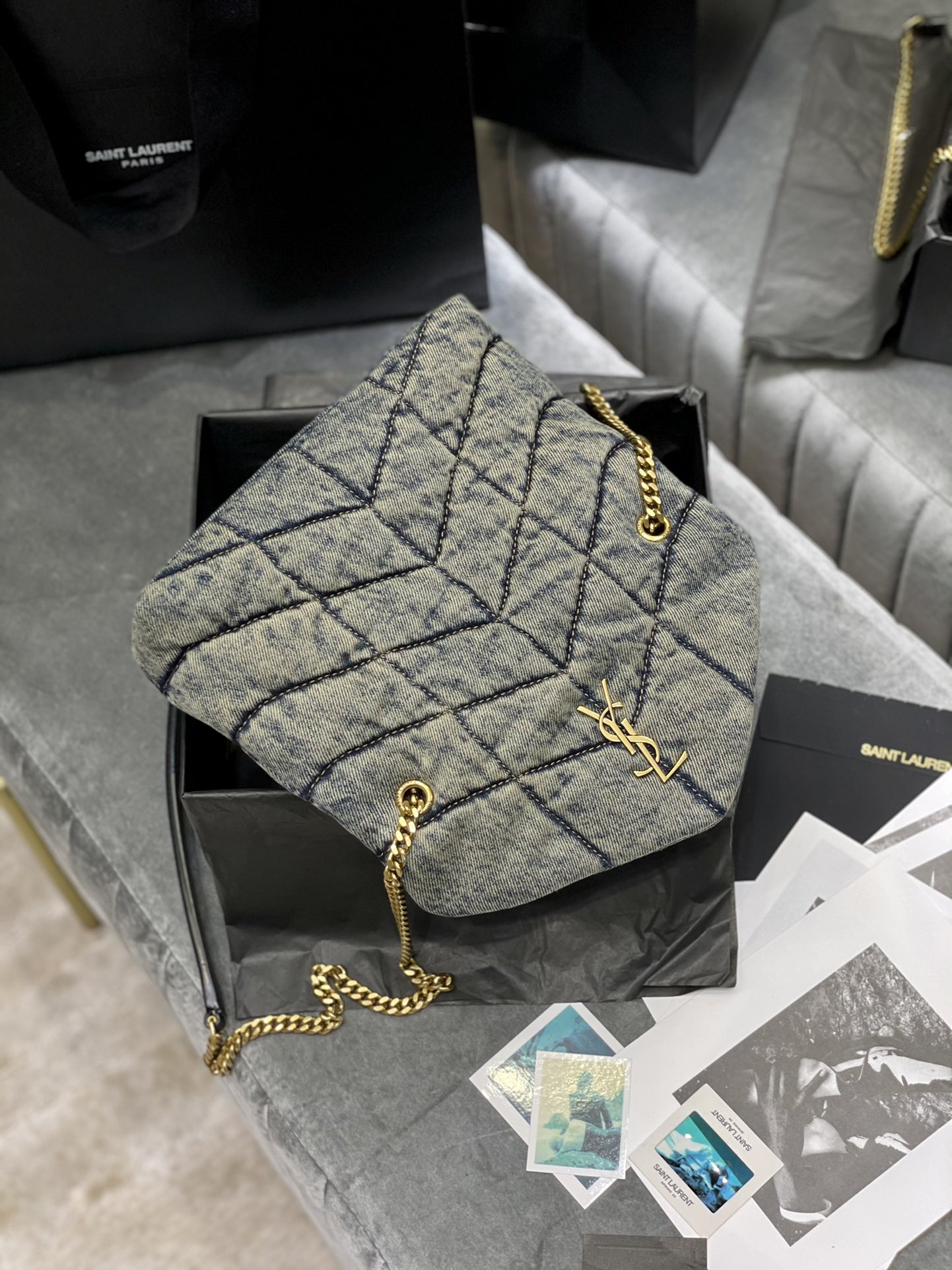 [TOP] Yves Saint Laurent YSL LouLou Bag 23/29cm - Denim Blue - Black Shoulder Strap