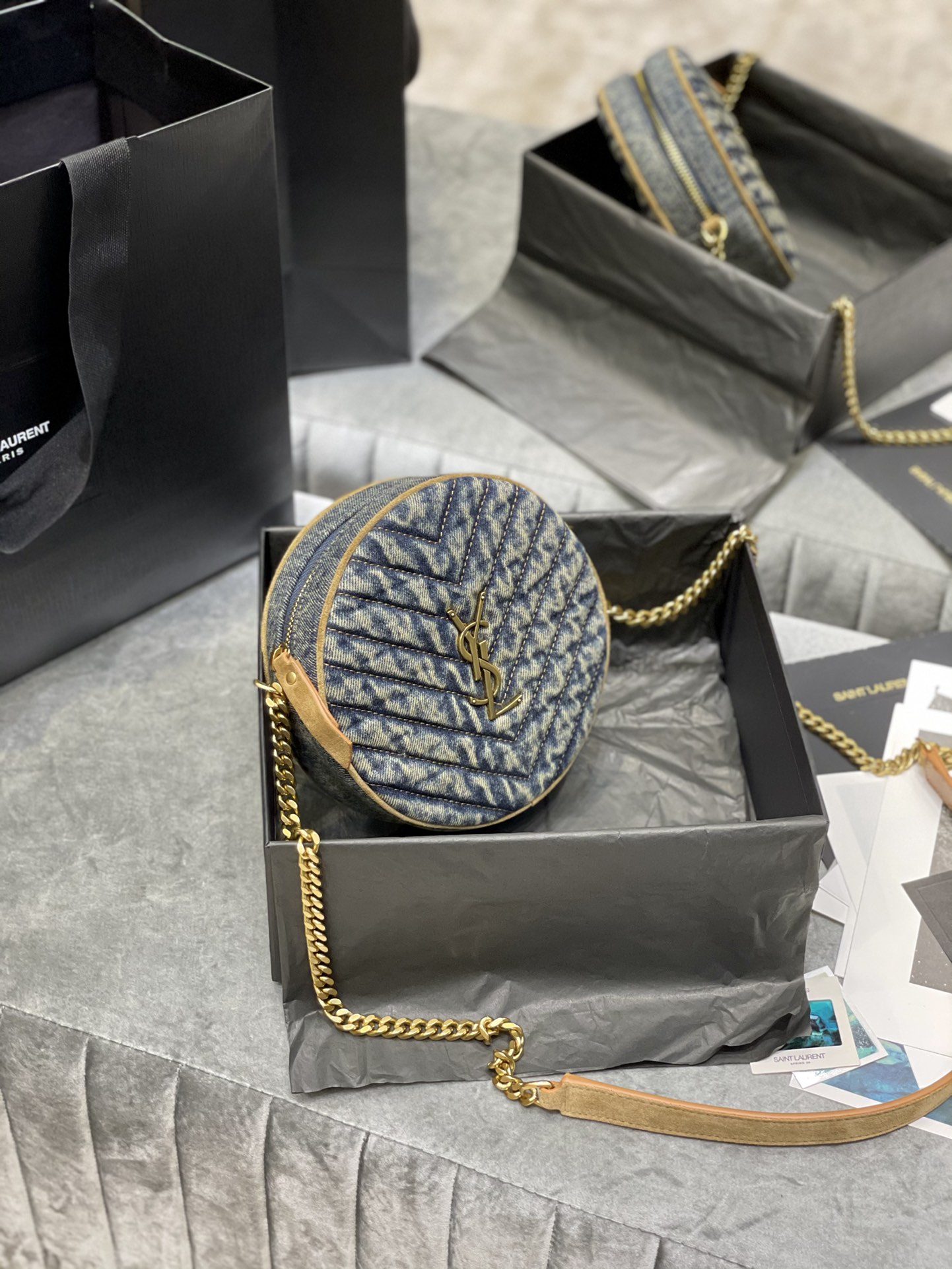 [TOP] Yves Saint Laurent YSL VINYLE Bag 17cm - Denim Blue - Brown Shoulder Strap