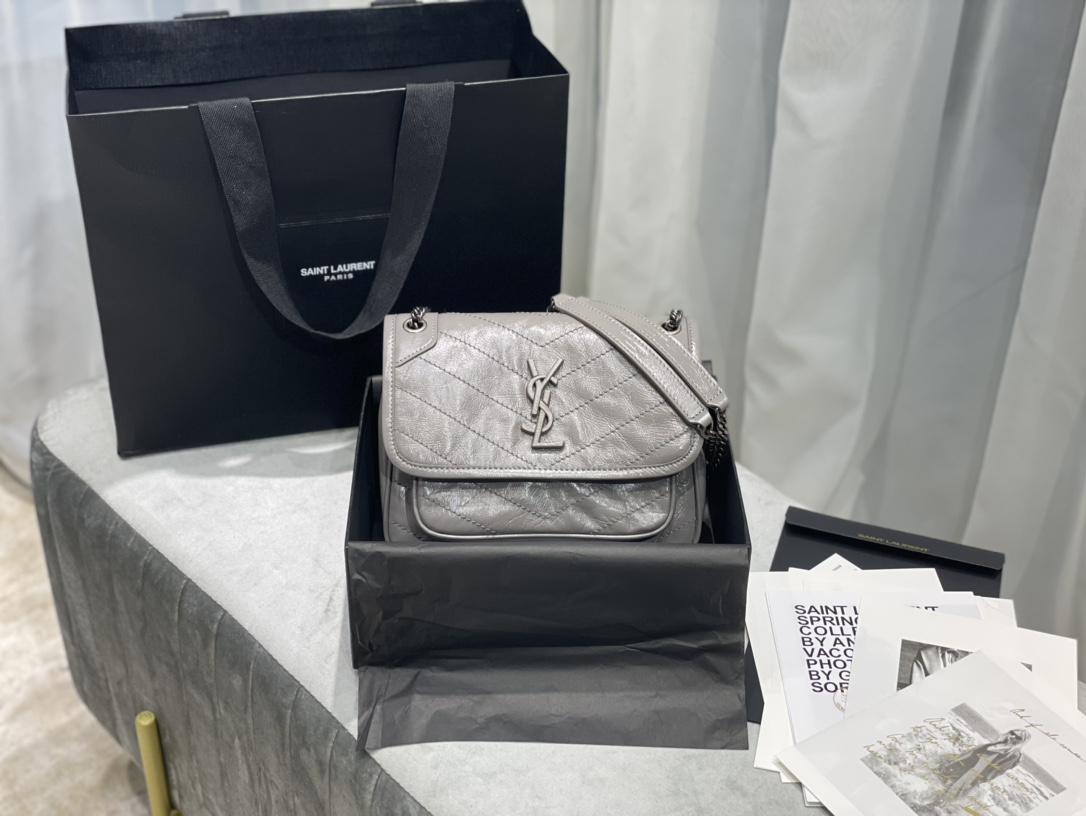 [Top] Yves Saint Laurent YSL Small Niki Wrinkles Leather Bag - Elephant Gray