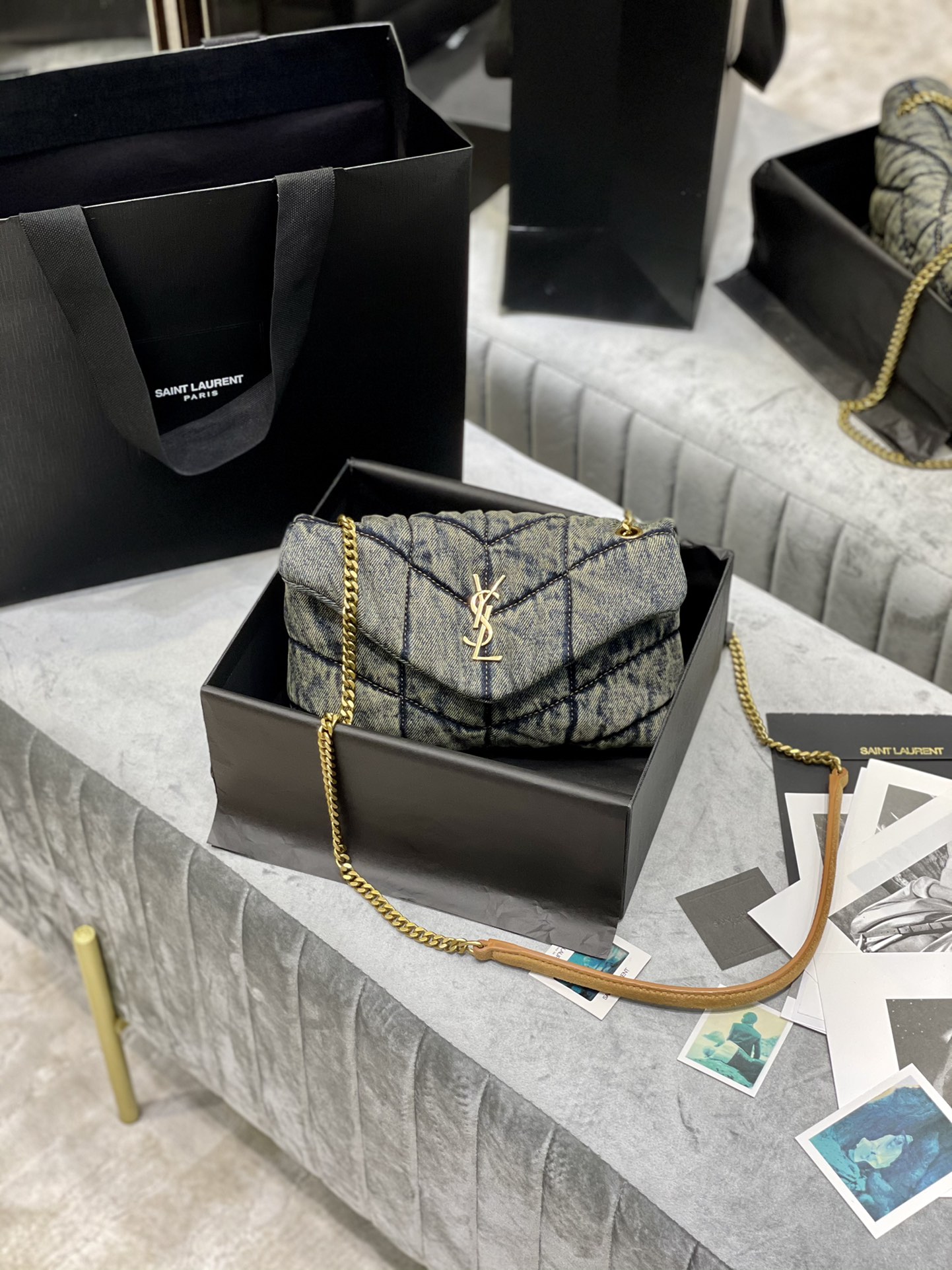 [TOP] Yves Saint Laurent YSL LouLou Bag 23/29/35cm - Denim Blue - Brown Shoulder Strap