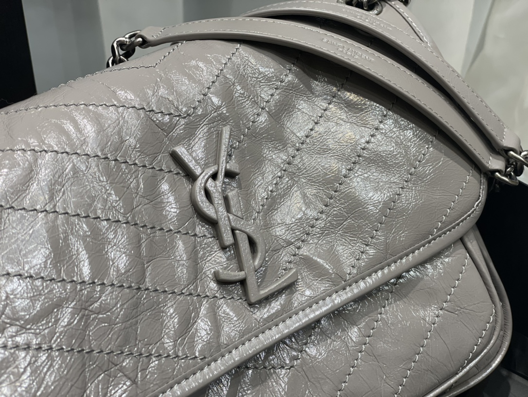 [Top] Yves Saint Laurent YSL Medium Niki Wrinkles Leather Bag - Elephant Gray