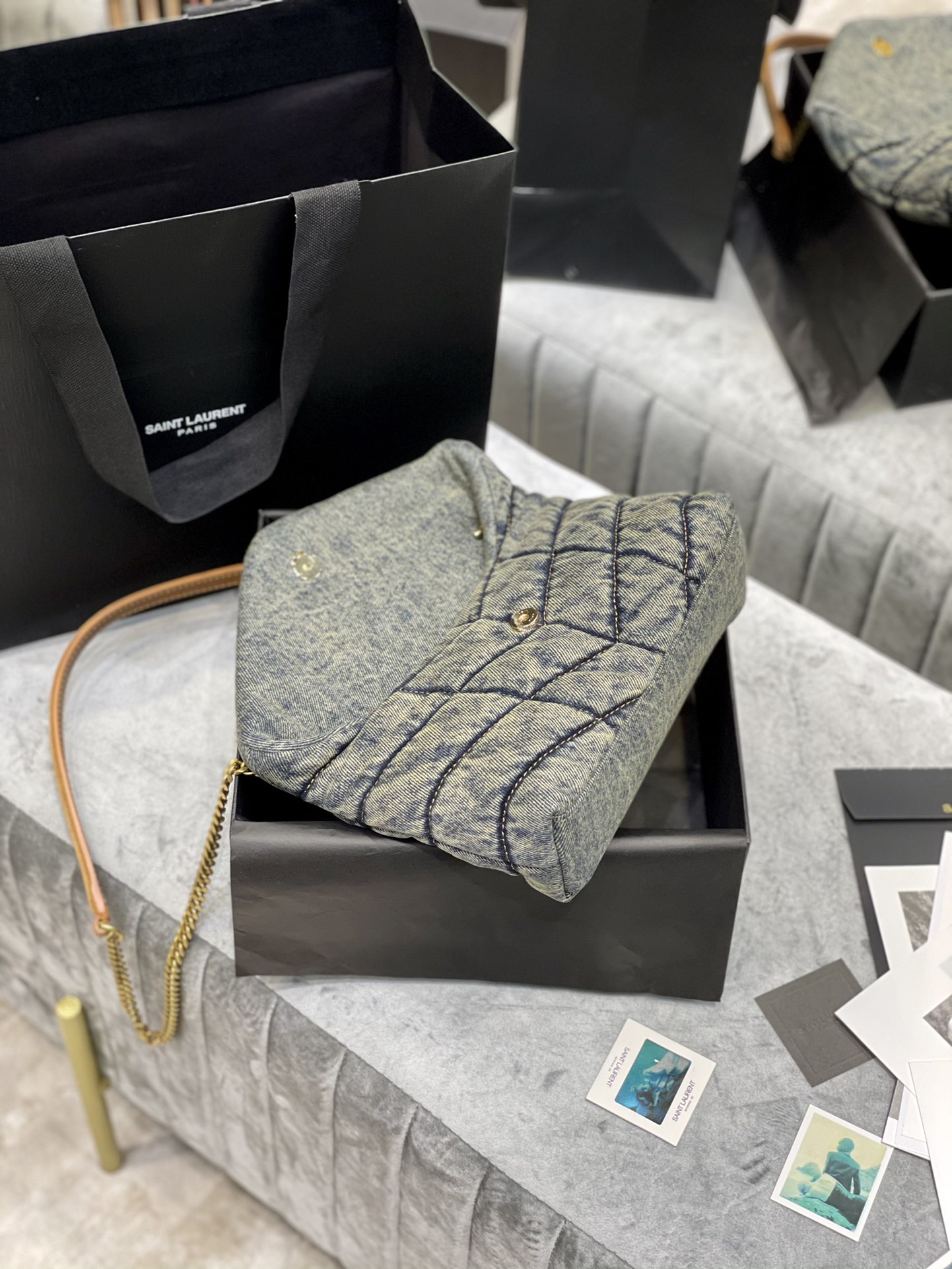 [TOP] Yves Saint Laurent YSL LouLou Bag 23/29/35cm - Denim Blue - Brown Shoulder Strap