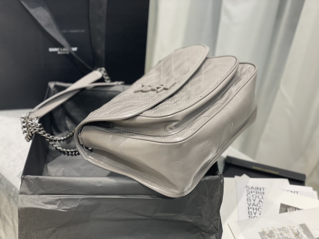 [Top] Yves Saint Laurent YSL Medium Niki Wrinkles Leather Bag - Elephant Gray