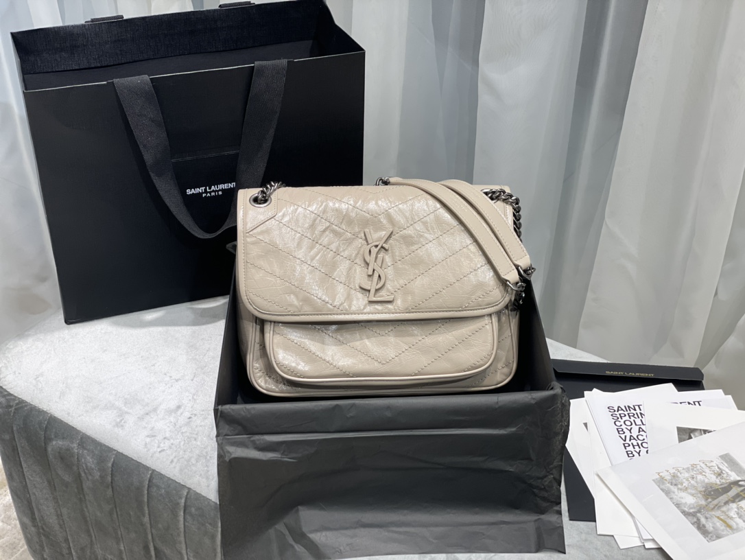 [Top] Yves Saint Laurent YSL Medium Niki Wrinkles Leather Bag - Khaki