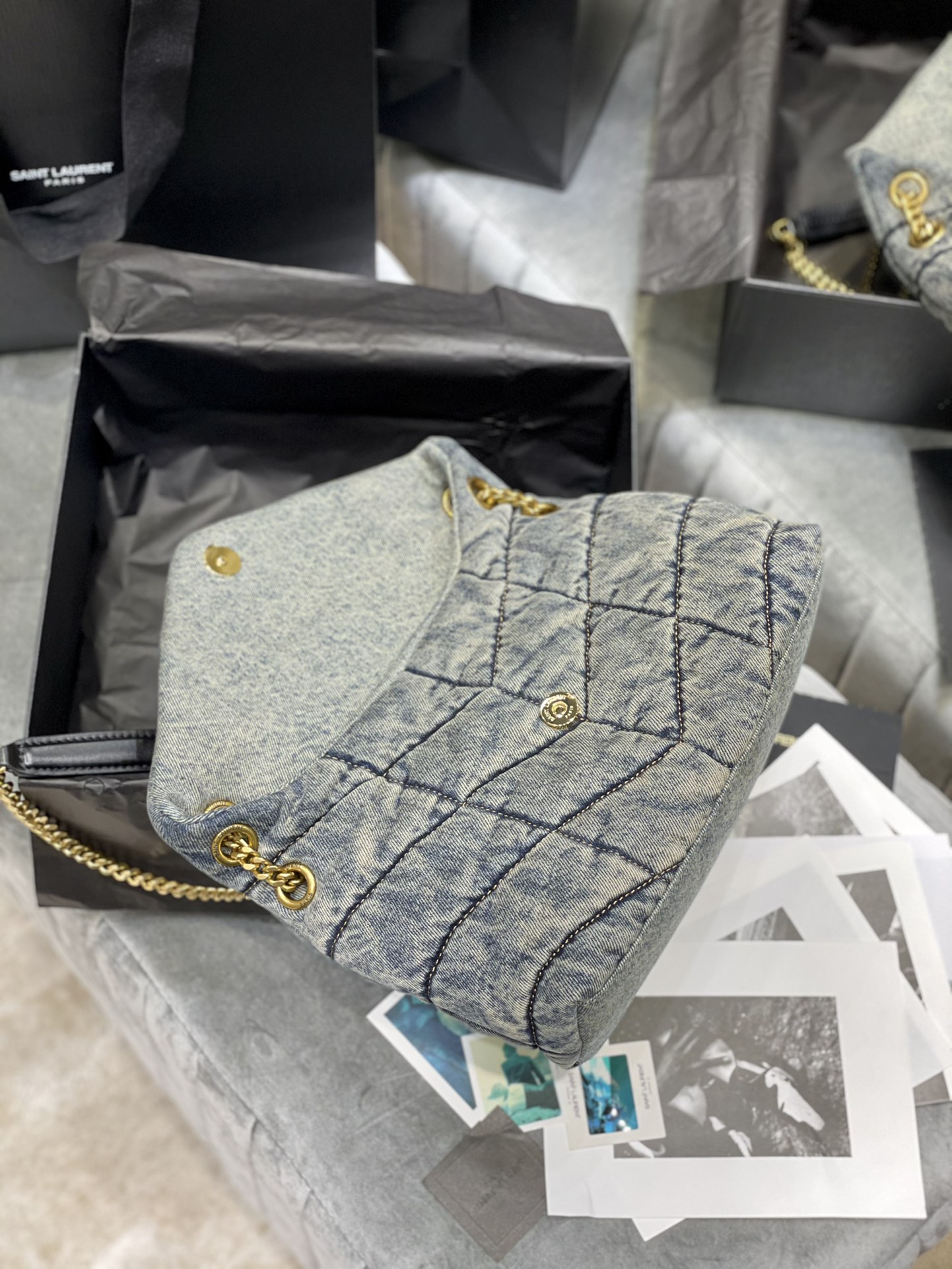 [TOP] Yves Saint Laurent YSL LouLou Bag 23/29cm - Denim Blue - Black Shoulder Strap