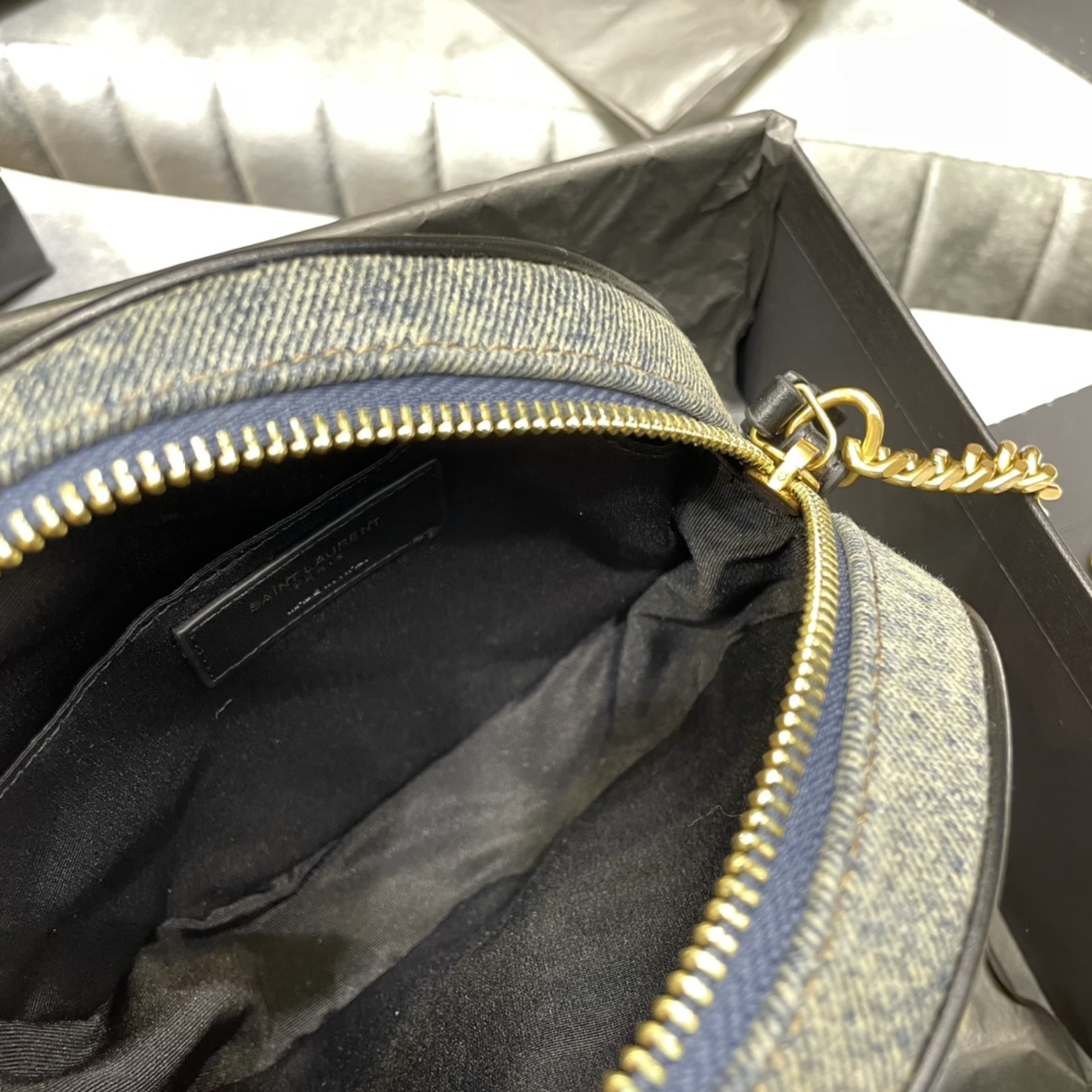 [TOP] Yves Saint Laurent YSL VINYLE Bag 17cm - Denim Blue - Black Shoulder Strap