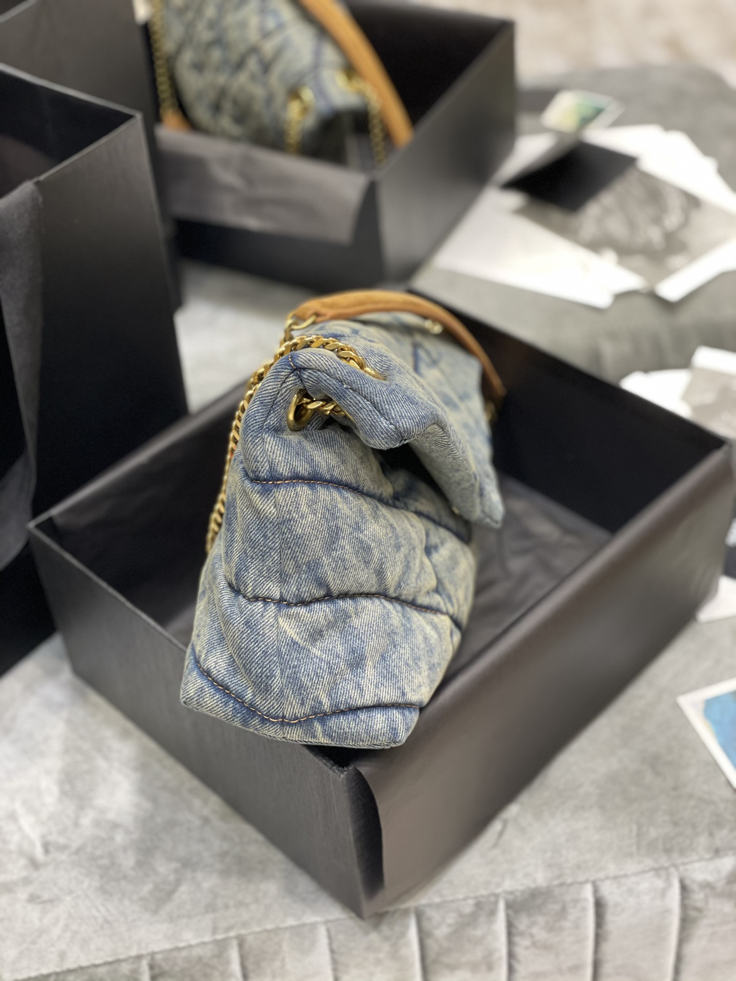 [TOP] Yves Saint Laurent YSL LouLou Bag 23/29/35cm - Denim Blue - Brown Shoulder Strap