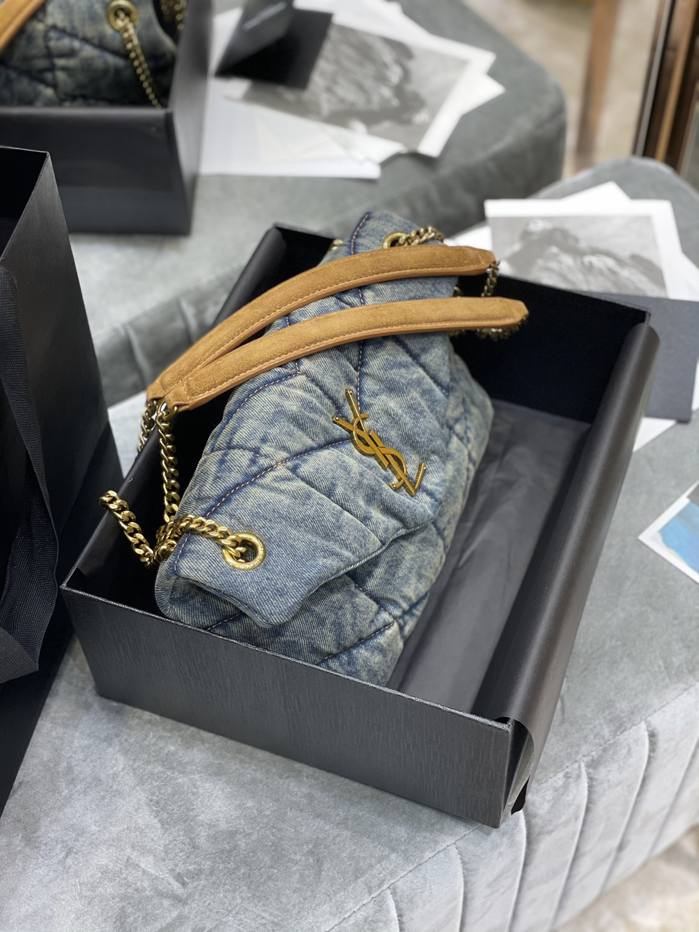 [TOP] Yves Saint Laurent YSL LouLou Bag 23/29/35cm - Denim Blue - Brown Shoulder Strap