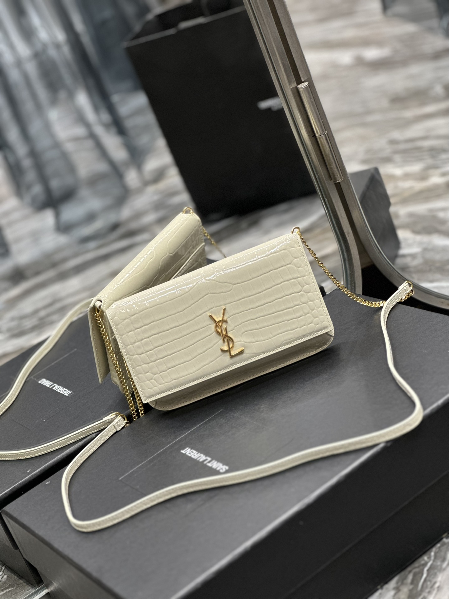 [TOP] Yves Saint Laurent YSL Monogram Phone Holder MINI Bag - White & GHW - Crocodile Pattern