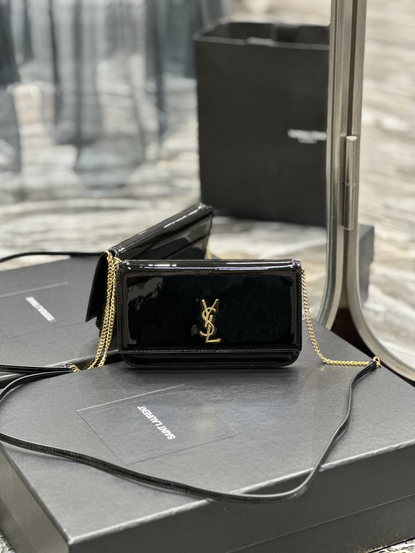 [TOP] Yves Saint Laurent YSL Monogram Phone Holder MINI Bag - BLACK & GHW - Patent Leather