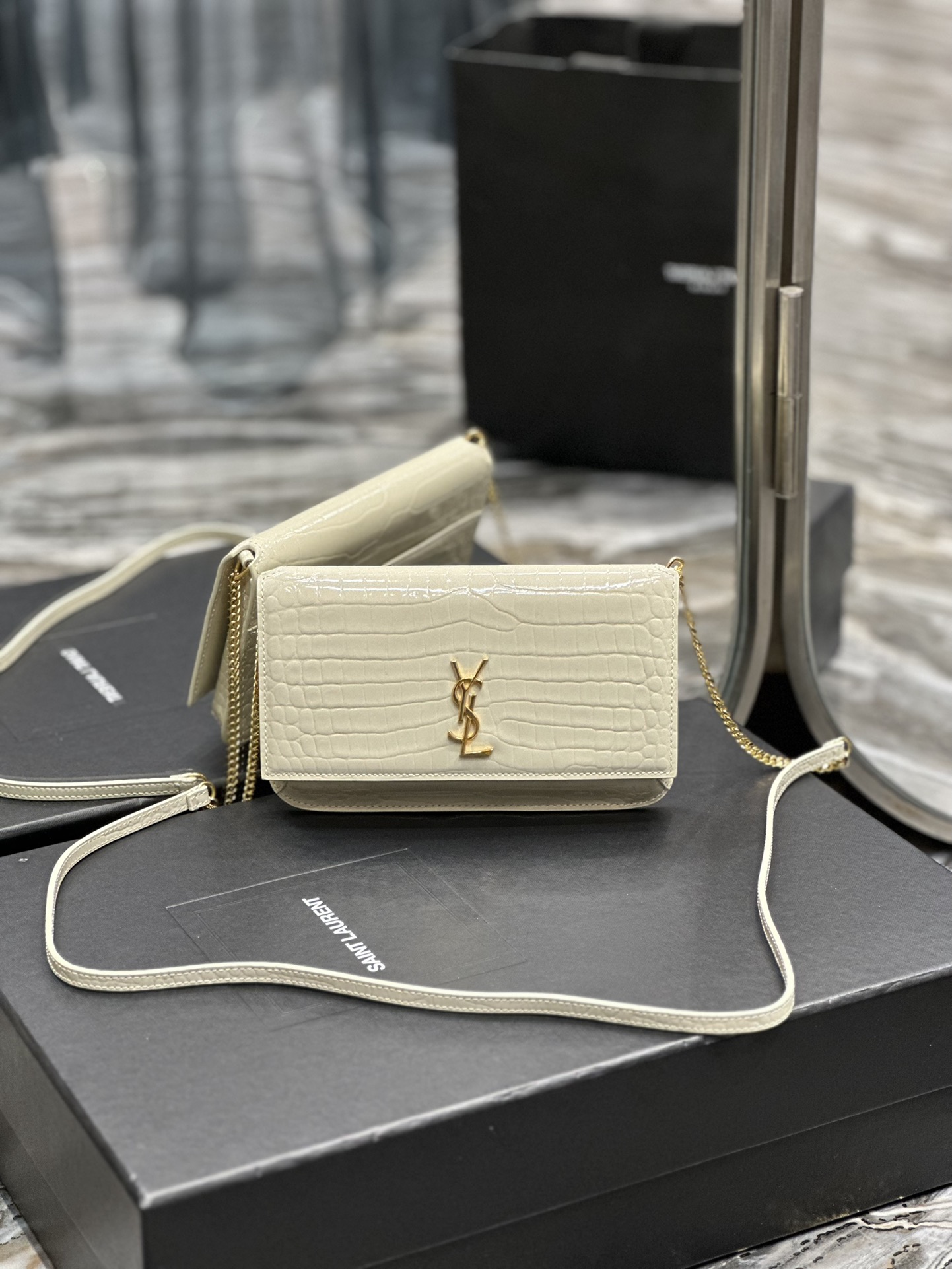 [TOP] Yves Saint Laurent YSL Monogram Phone Holder MINI Bag - White & GHW - Crocodile Pattern