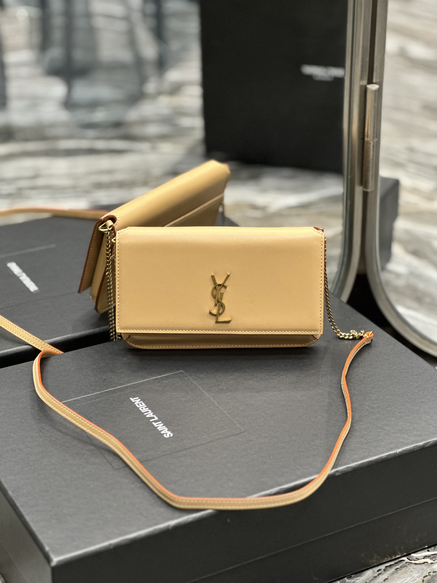 [TOP] Yves Saint Laurent YSL Monogram Phone Holder MINI Bag - Apricot & GHW - Plain Weave