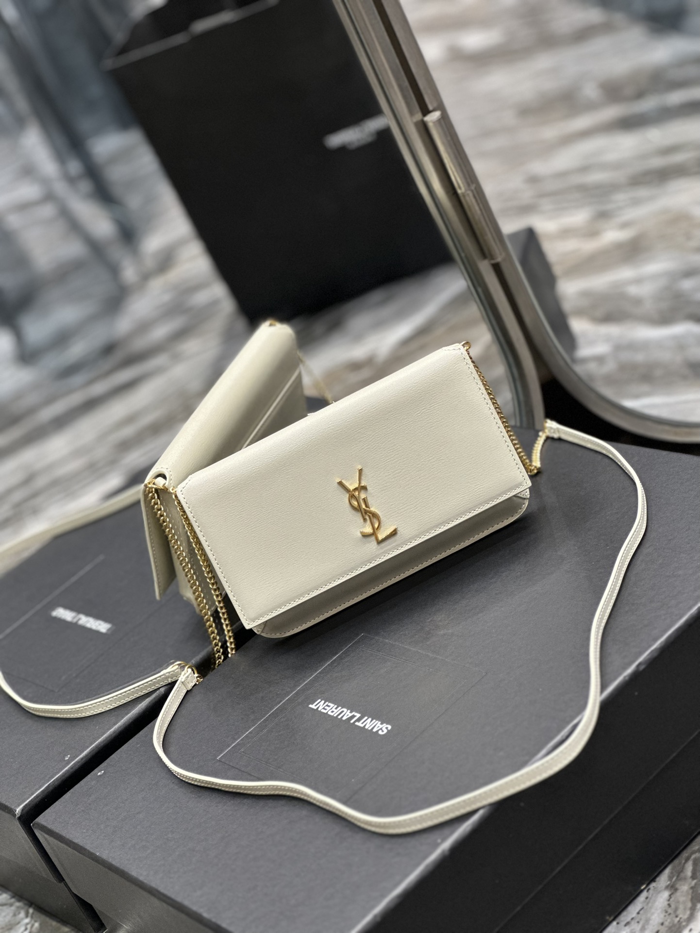 [TOP] Yves Saint Laurent YSL Monogram Phone Holder MINI Bag - White & GHW - Hand Rubbing