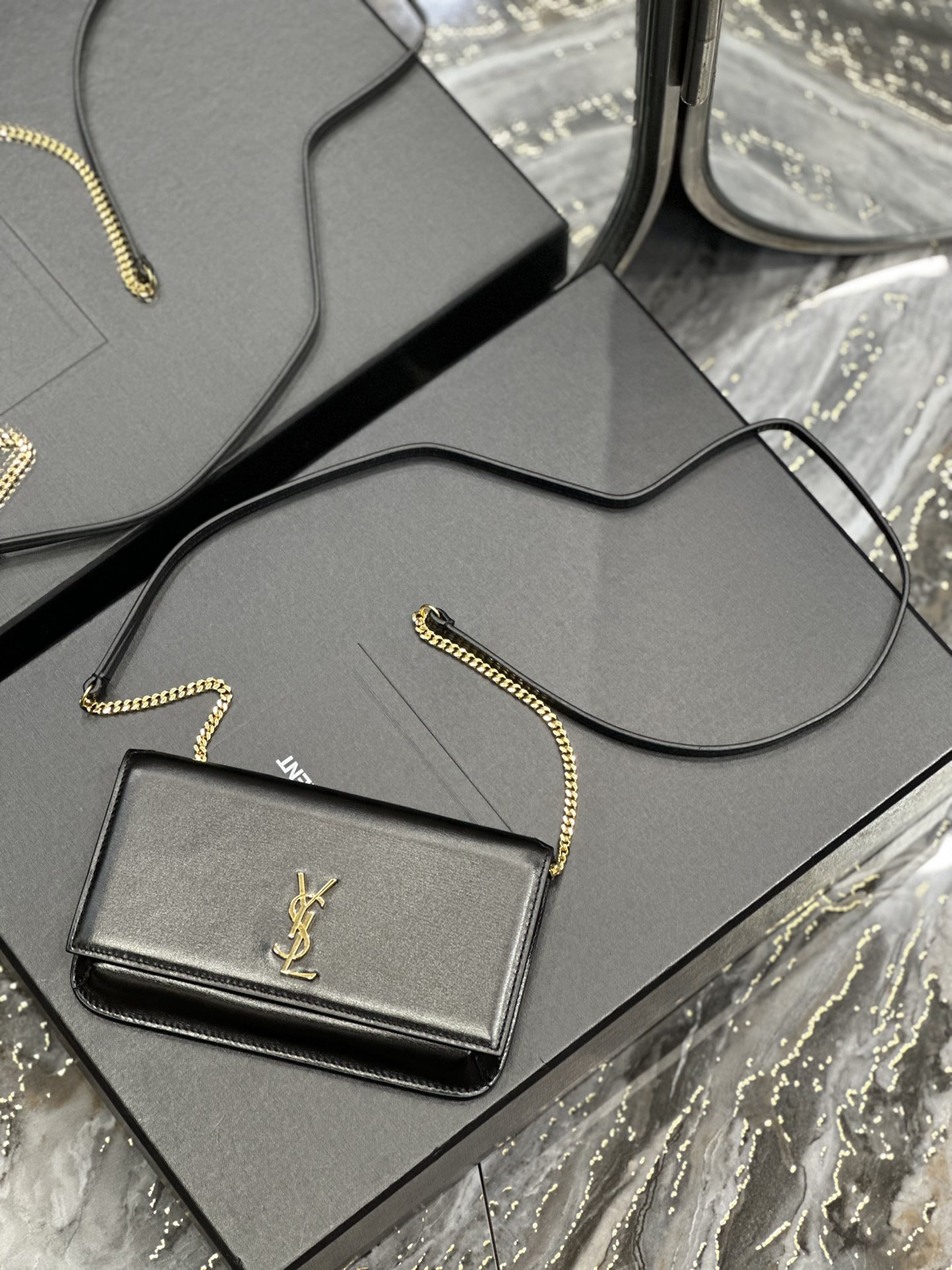 [TOP] Yves Saint Laurent YSL Monogram Phone Holder MINI Bag - Black & GHW - Hand Rubbing