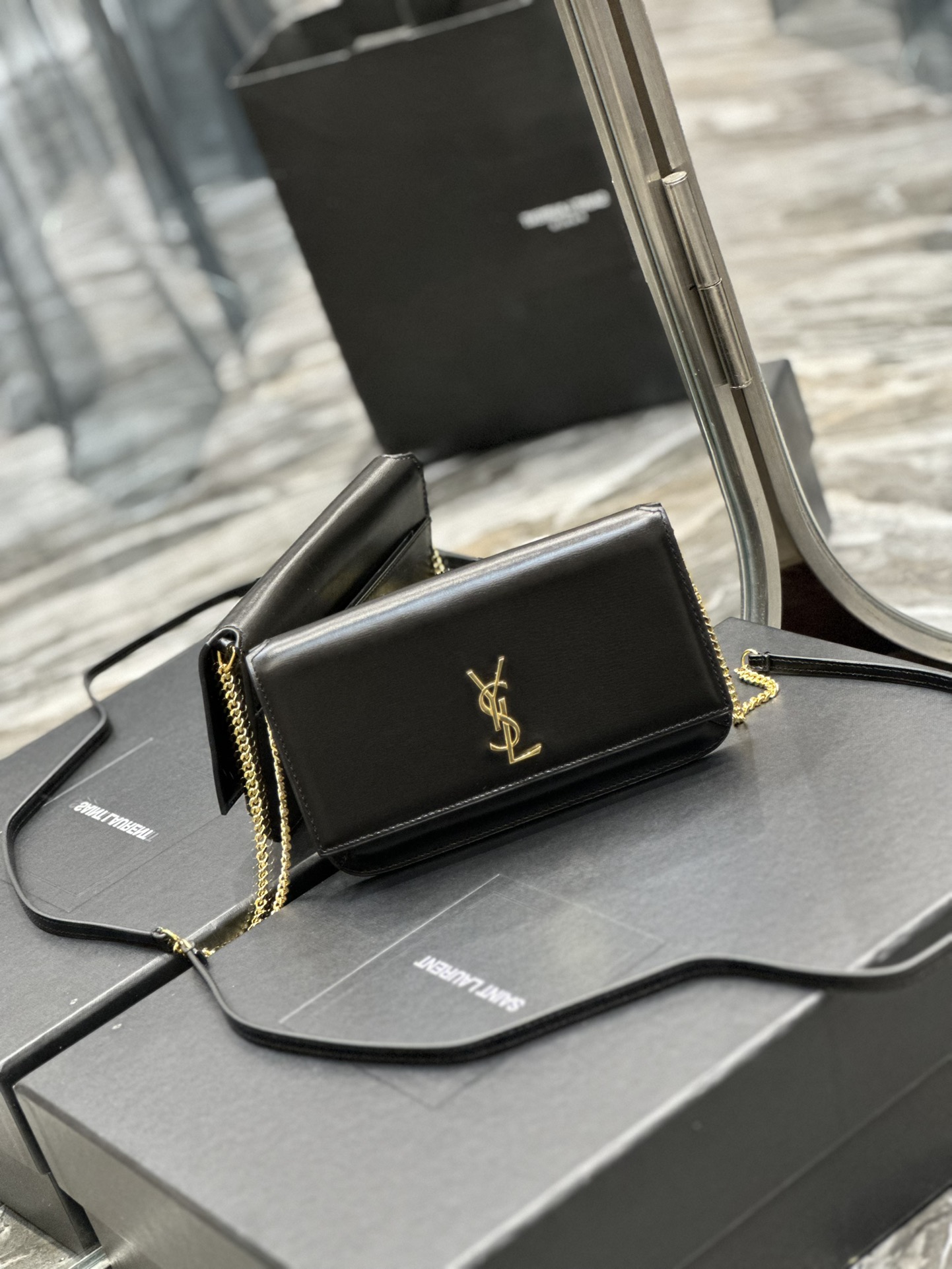 [TOP] Yves Saint Laurent YSL Monogram Phone Holder MINI Bag - Black & GHW - Hand Rubbing