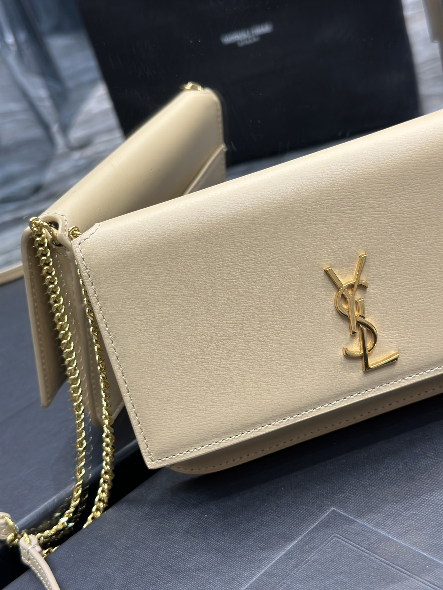 [TOP] Yves Saint Laurent YSL Monogram Phone Holder MINI Bag - Apricot & GHW - Hand Rubbing