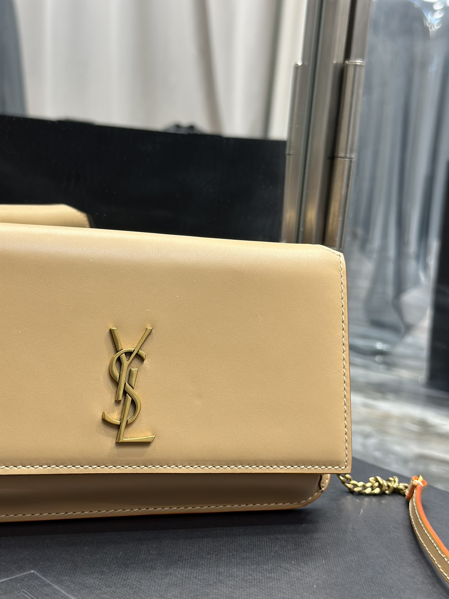 [TOP] Yves Saint Laurent YSL Monogram Phone Holder MINI Bag - Apricot & GHW - Plain Weave