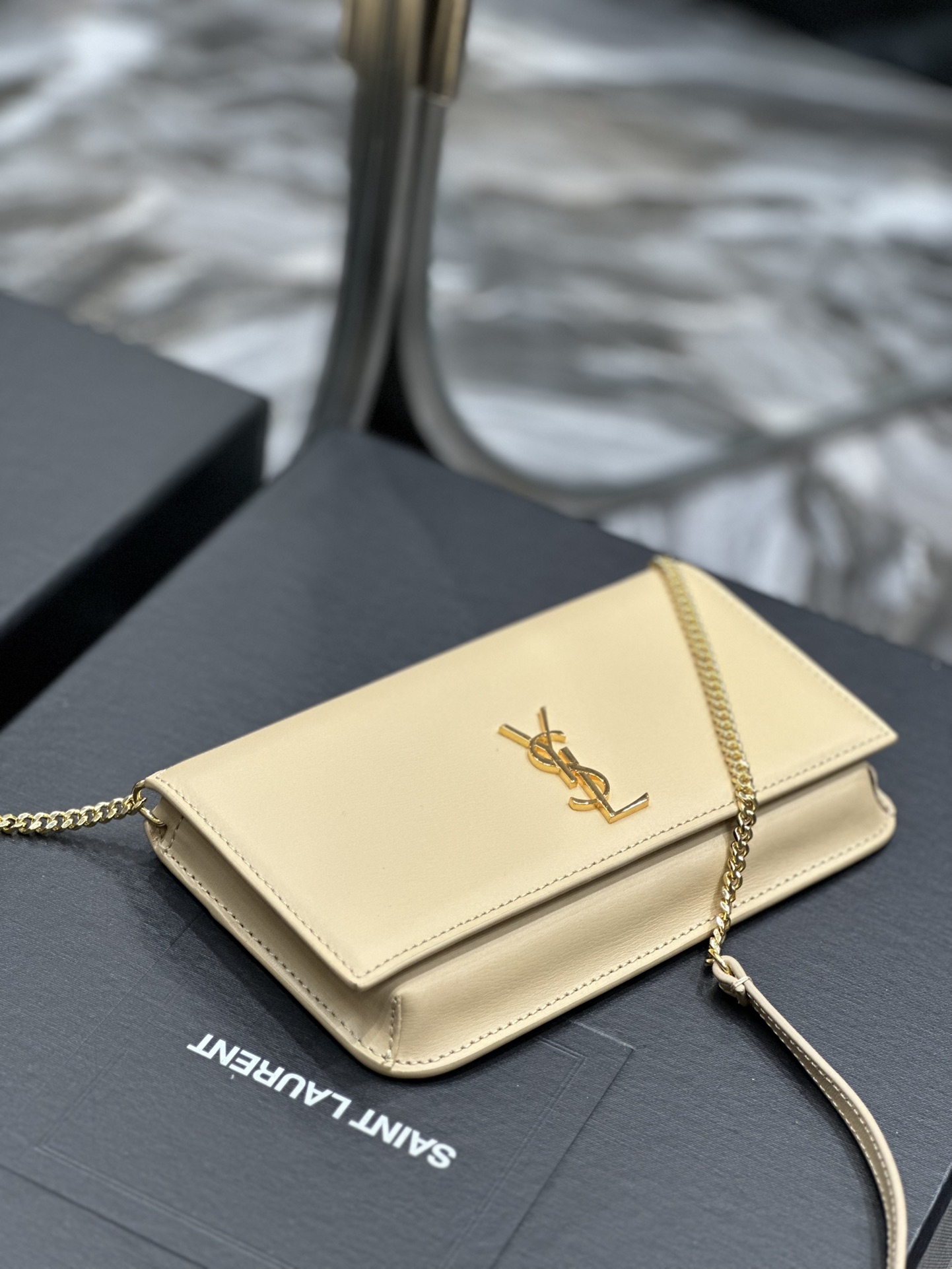 [TOP] Yves Saint Laurent YSL Monogram Phone Holder MINI Bag - Apricot & GHW - Hand Rubbing