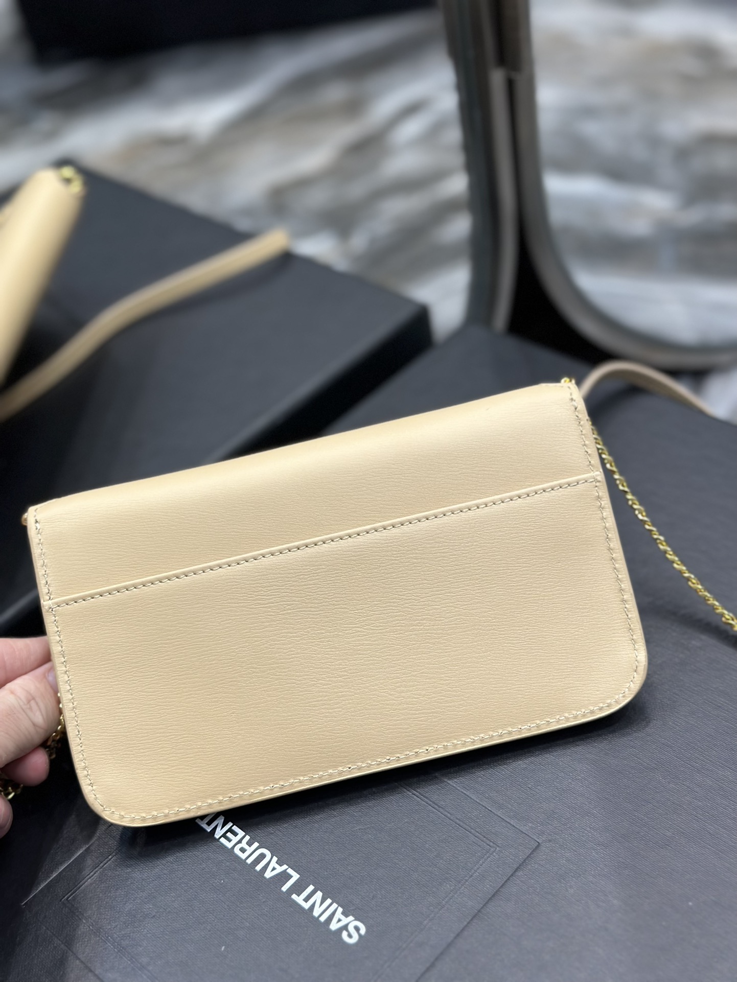 [TOP] Yves Saint Laurent YSL Monogram Phone Holder MINI Bag - Apricot & GHW - Hand Rubbing