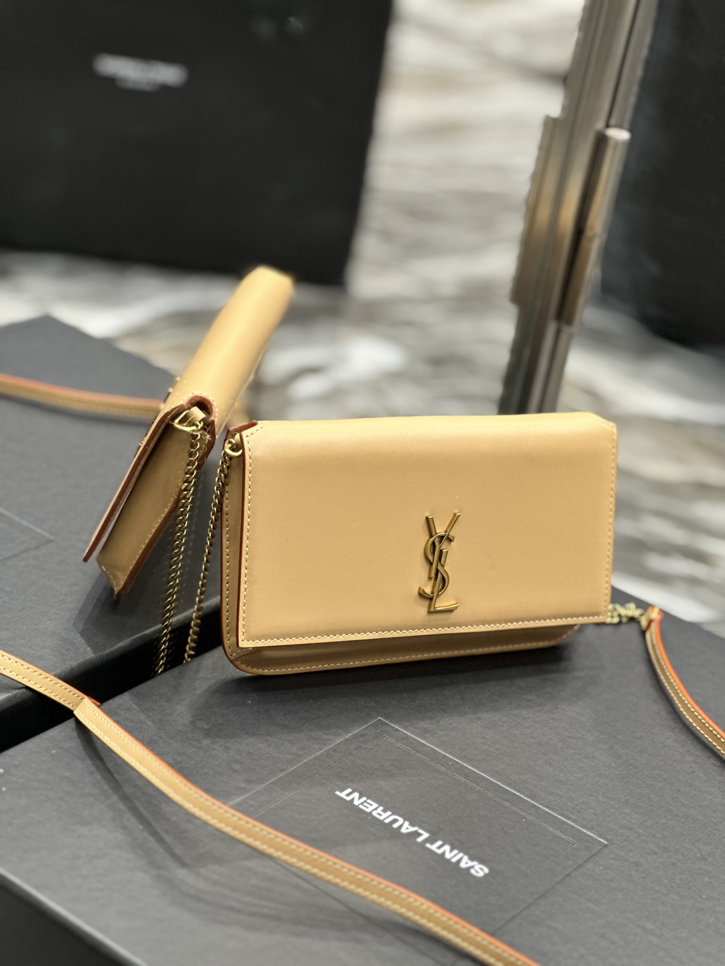 [TOP] Yves Saint Laurent YSL Monogram Phone Holder MINI Bag - Apricot & GHW - Plain Weave