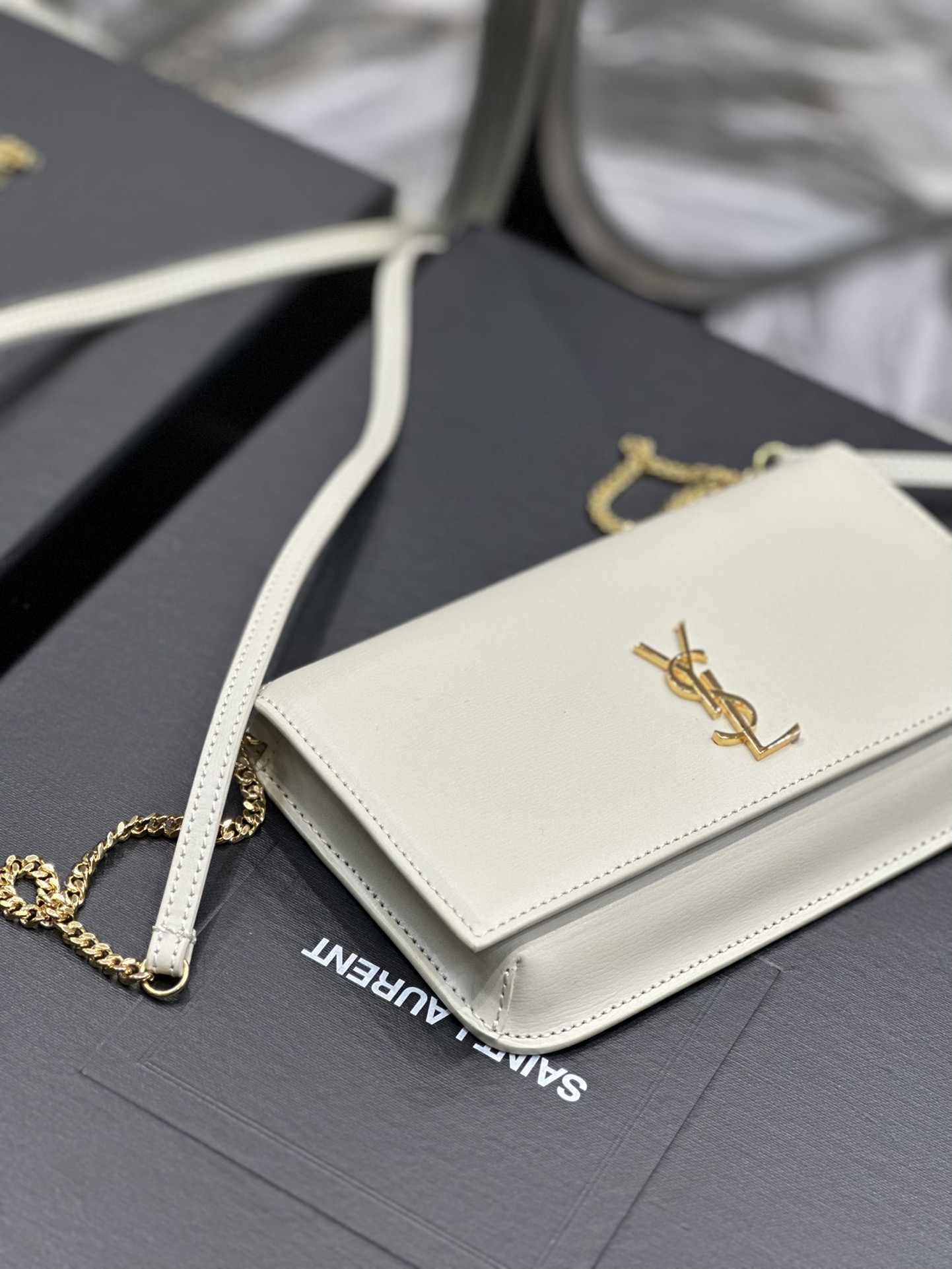 [TOP] Yves Saint Laurent YSL Monogram Phone Holder MINI Bag - White & GHW - Hand Rubbing