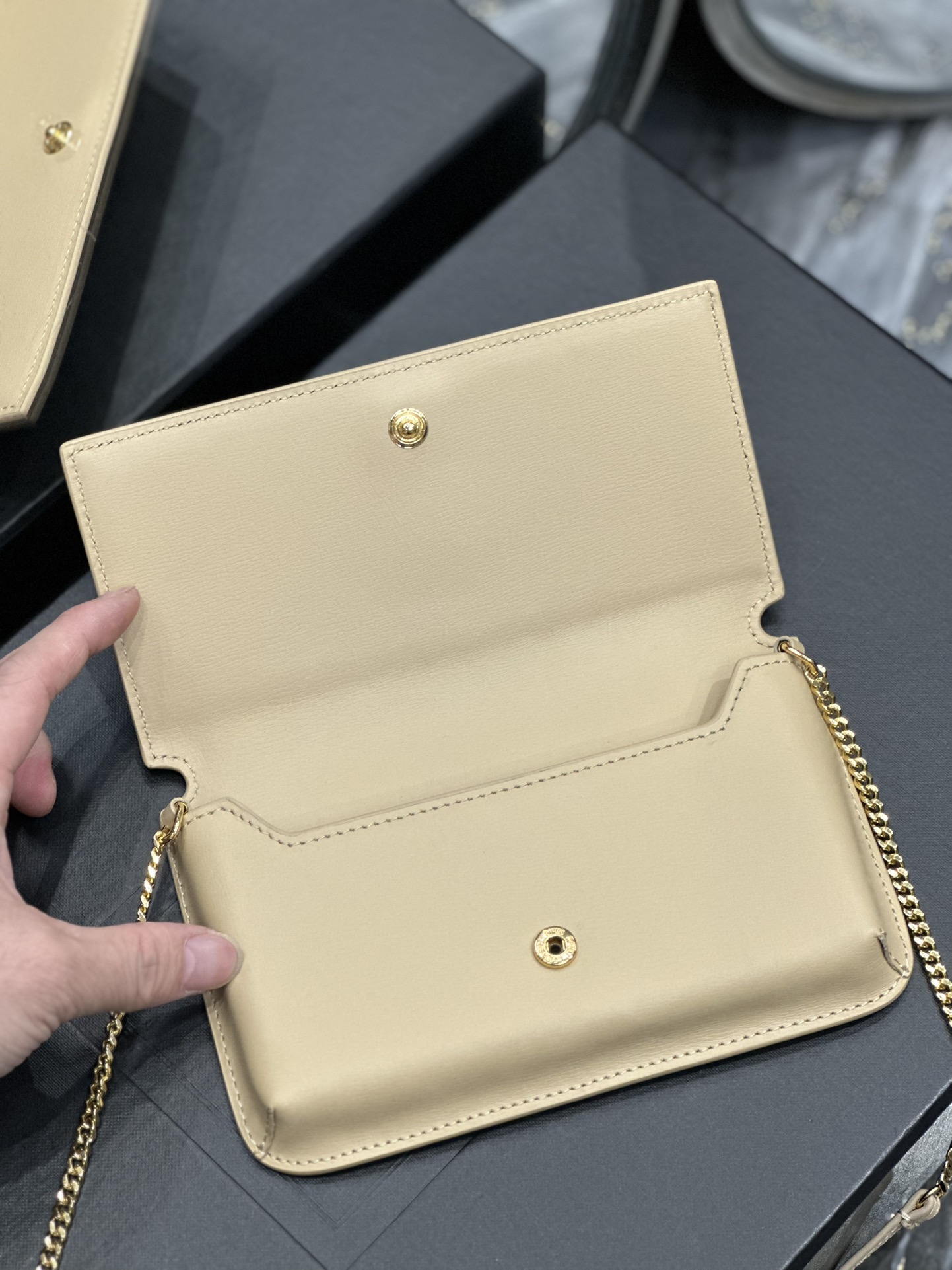 [TOP] Yves Saint Laurent YSL Monogram Phone Holder MINI Bag - Apricot & GHW - Hand Rubbing