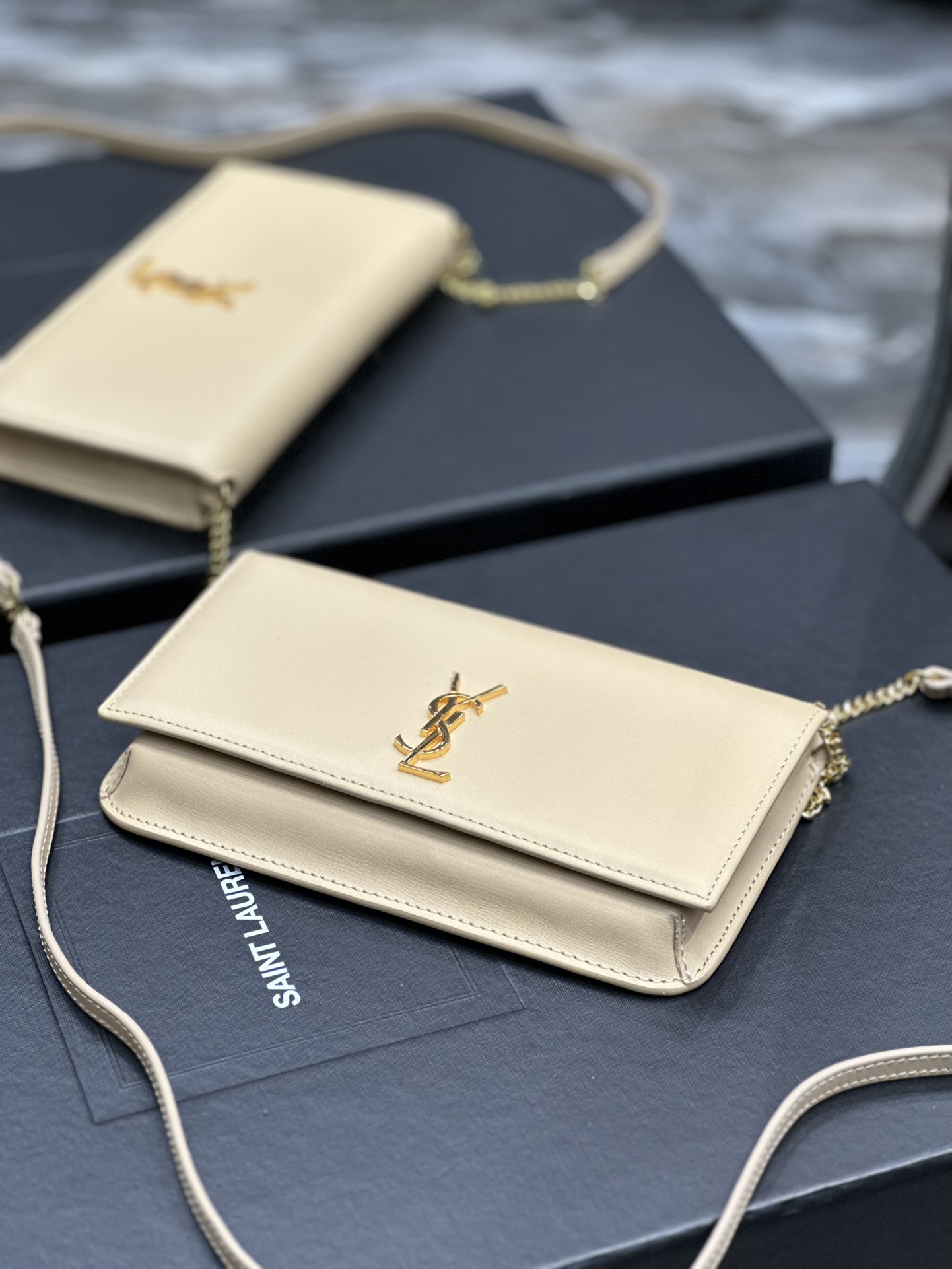 [TOP] Yves Saint Laurent YSL Monogram Phone Holder MINI Bag - Apricot & GHW - Hand Rubbing
