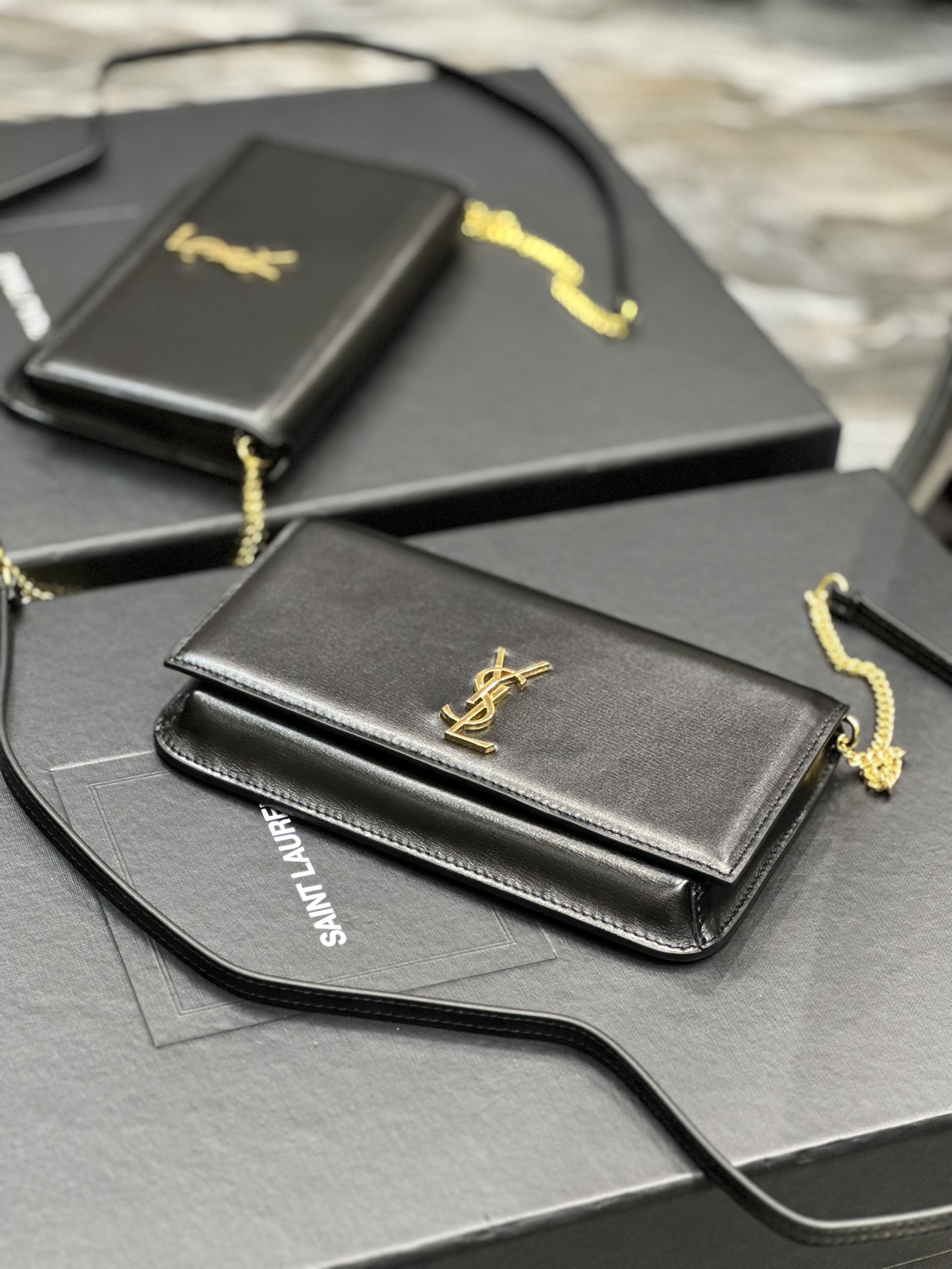 [TOP] Yves Saint Laurent YSL Monogram Phone Holder MINI Bag - Black & GHW - Hand Rubbing