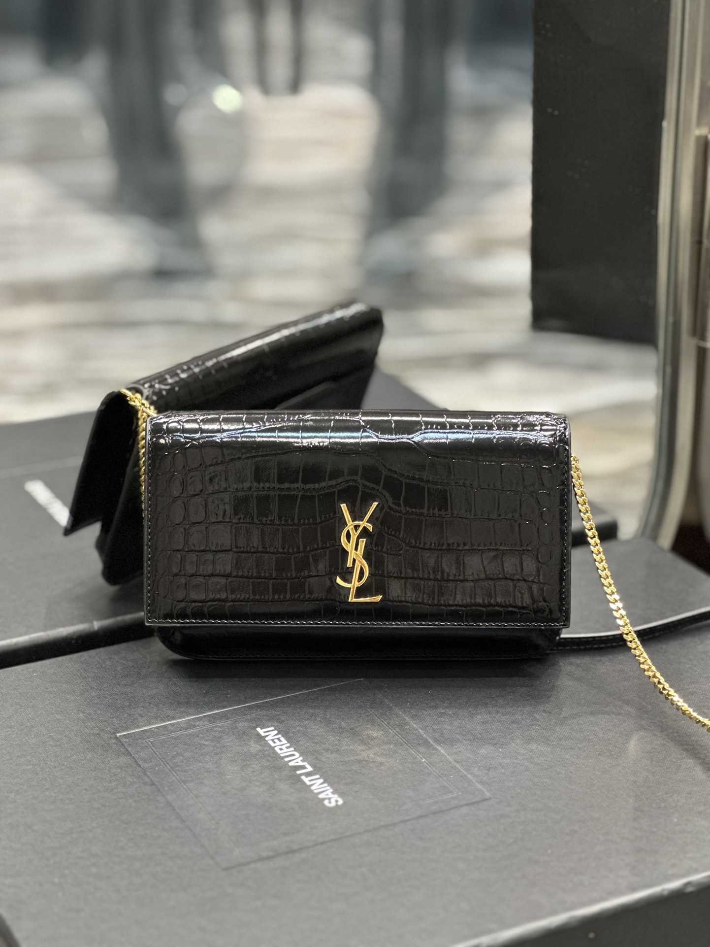 [TOP] Yves Saint Laurent YSL Monogram Phone Holder MINI Bag - Black & GHW - Crocodile Pattern