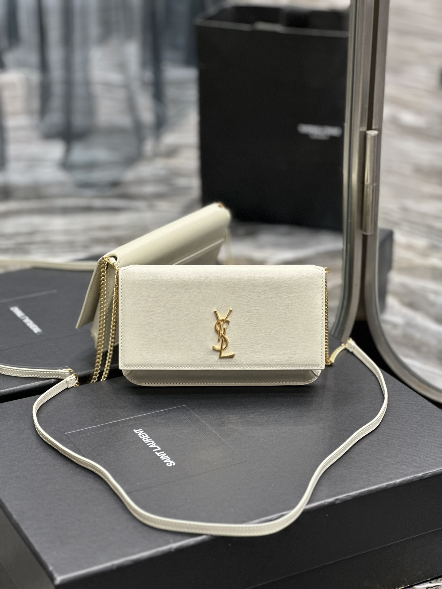 [TOP] Yves Saint Laurent YSL Monogram Phone Holder MINI Bag - White & GHW - Hand Rubbing