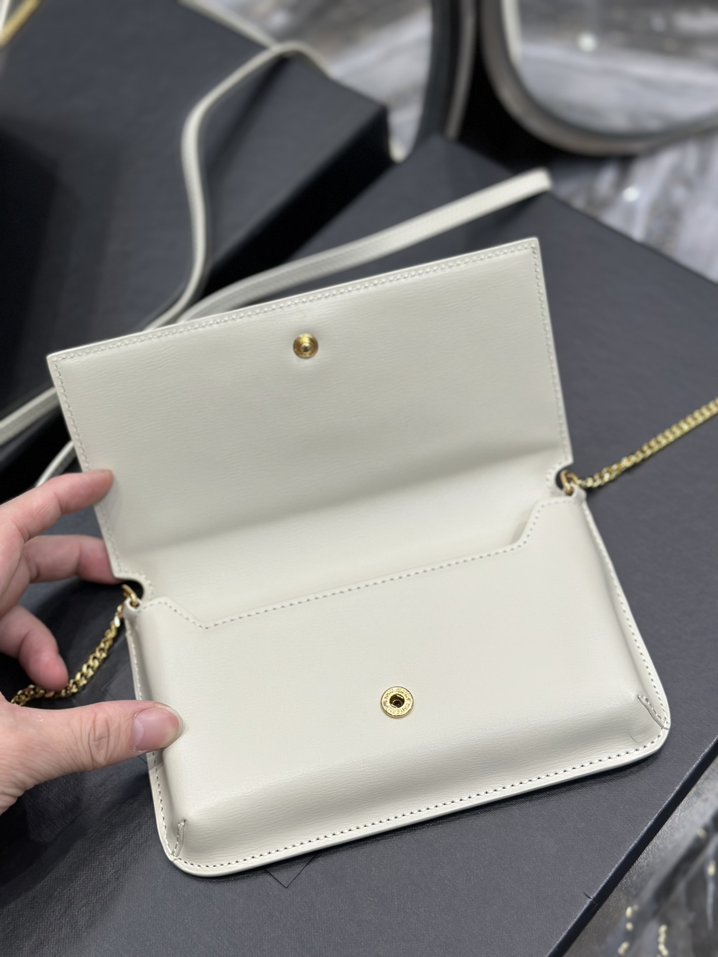 [TOP] Yves Saint Laurent YSL Monogram Phone Holder MINI Bag - White & GHW - Hand Rubbing