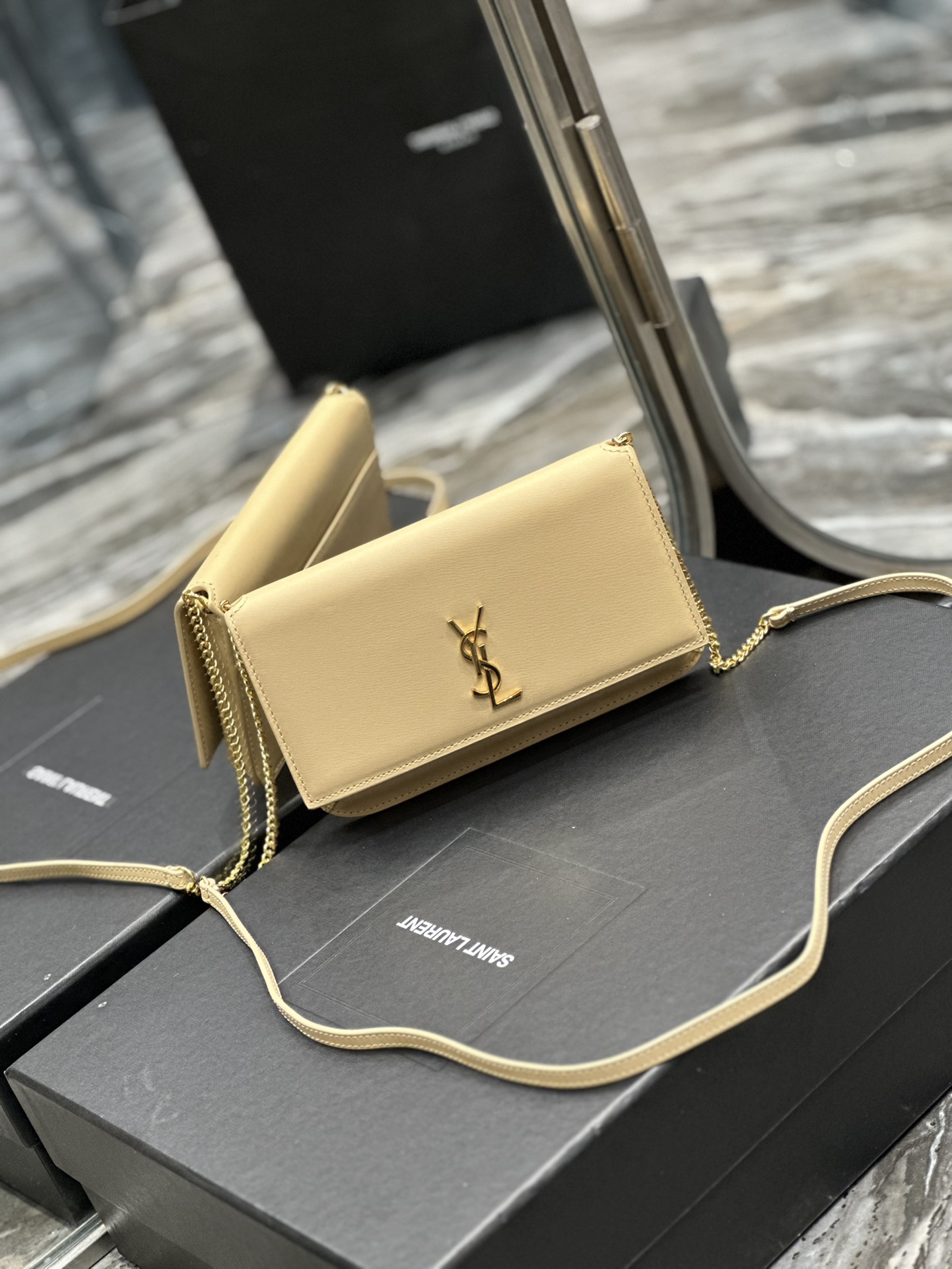 [TOP] Yves Saint Laurent YSL Monogram Phone Holder MINI Bag - Apricot & GHW - Hand Rubbing