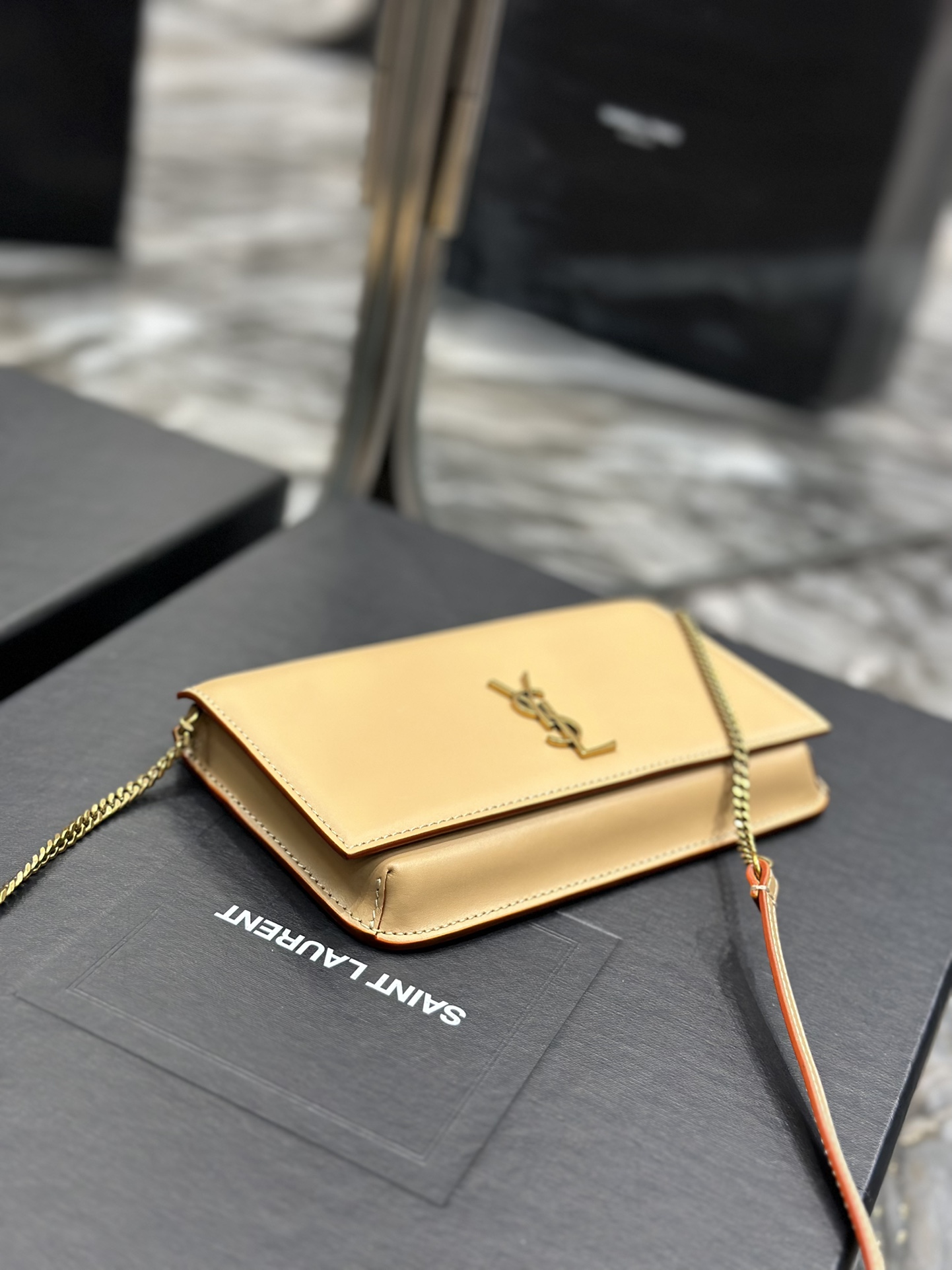 [TOP] Yves Saint Laurent YSL Monogram Phone Holder MINI Bag - Apricot & GHW - Plain Weave